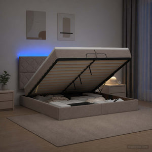 Κρεβάτι Ottoman με Στρώμα και LED Taupe 200 x 200 cm Ύφασμα - Pakobazaar