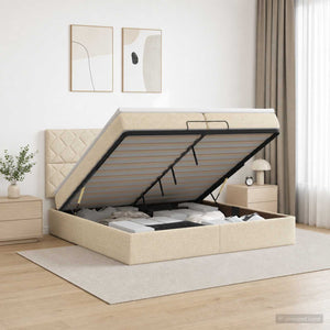 Κρεβάτι Ottoman με Στρώμα και LED Κρεμ 200 x 200 cm Ύφασμα - Pakobazaar