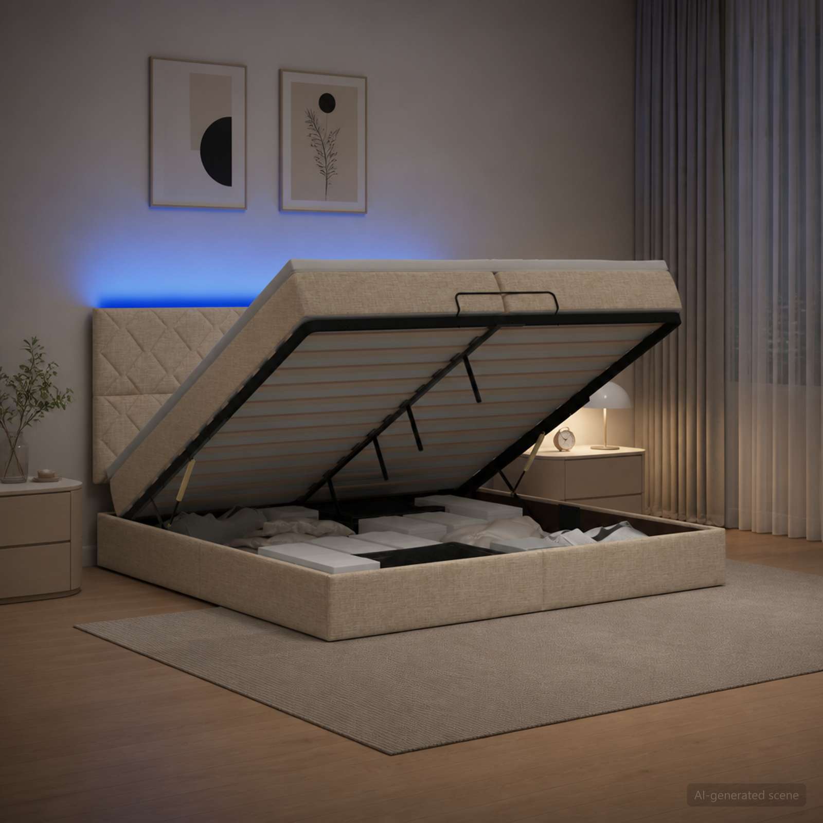Κρεβάτι Ottoman με Στρώμα και LED Κρεμ 200 x 200 cm Ύφασμα - Pakobazaar