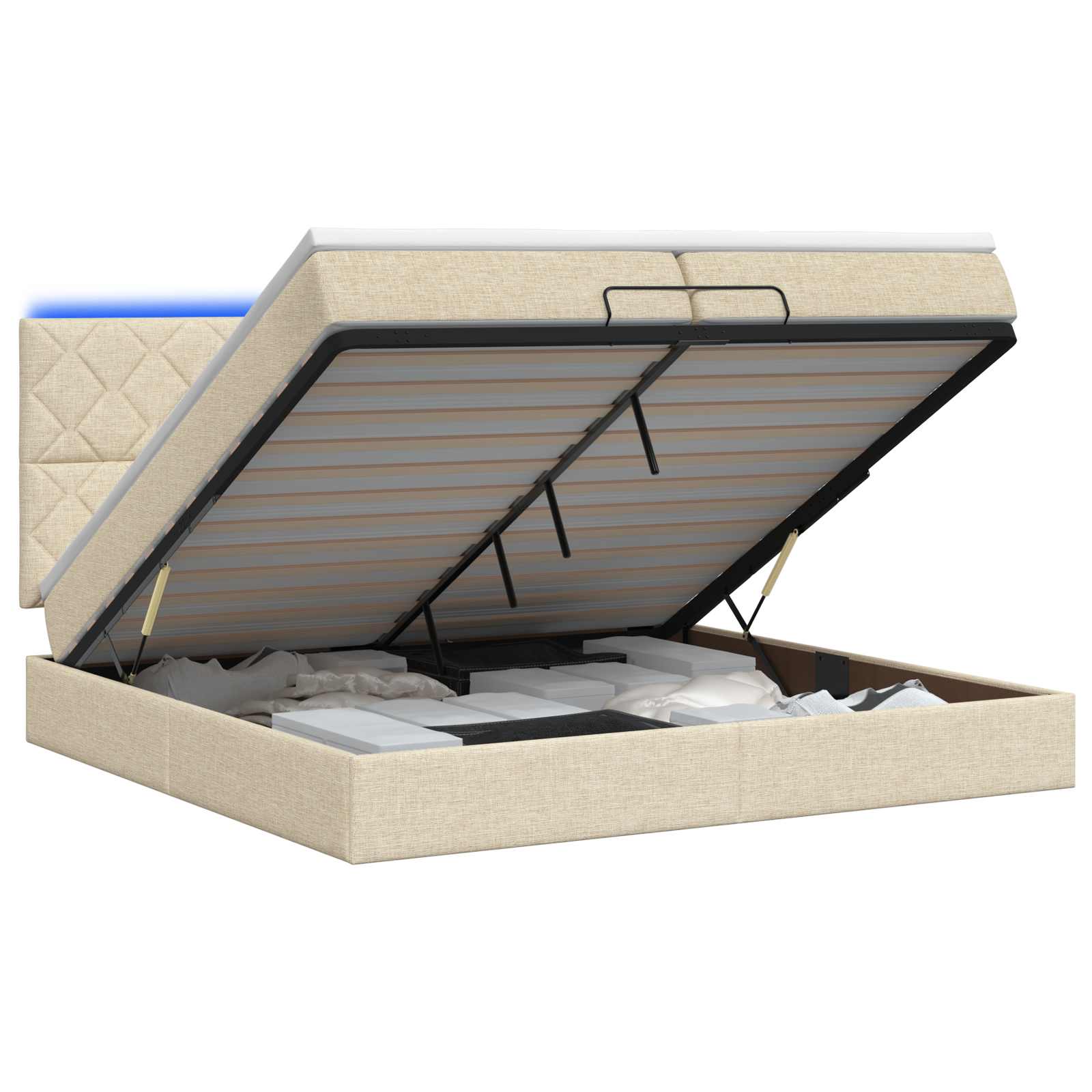 Κρεβάτι Ottoman με Στρώμα και LED Κρεμ 200 x 200 cm Ύφασμα - Pakobazaar