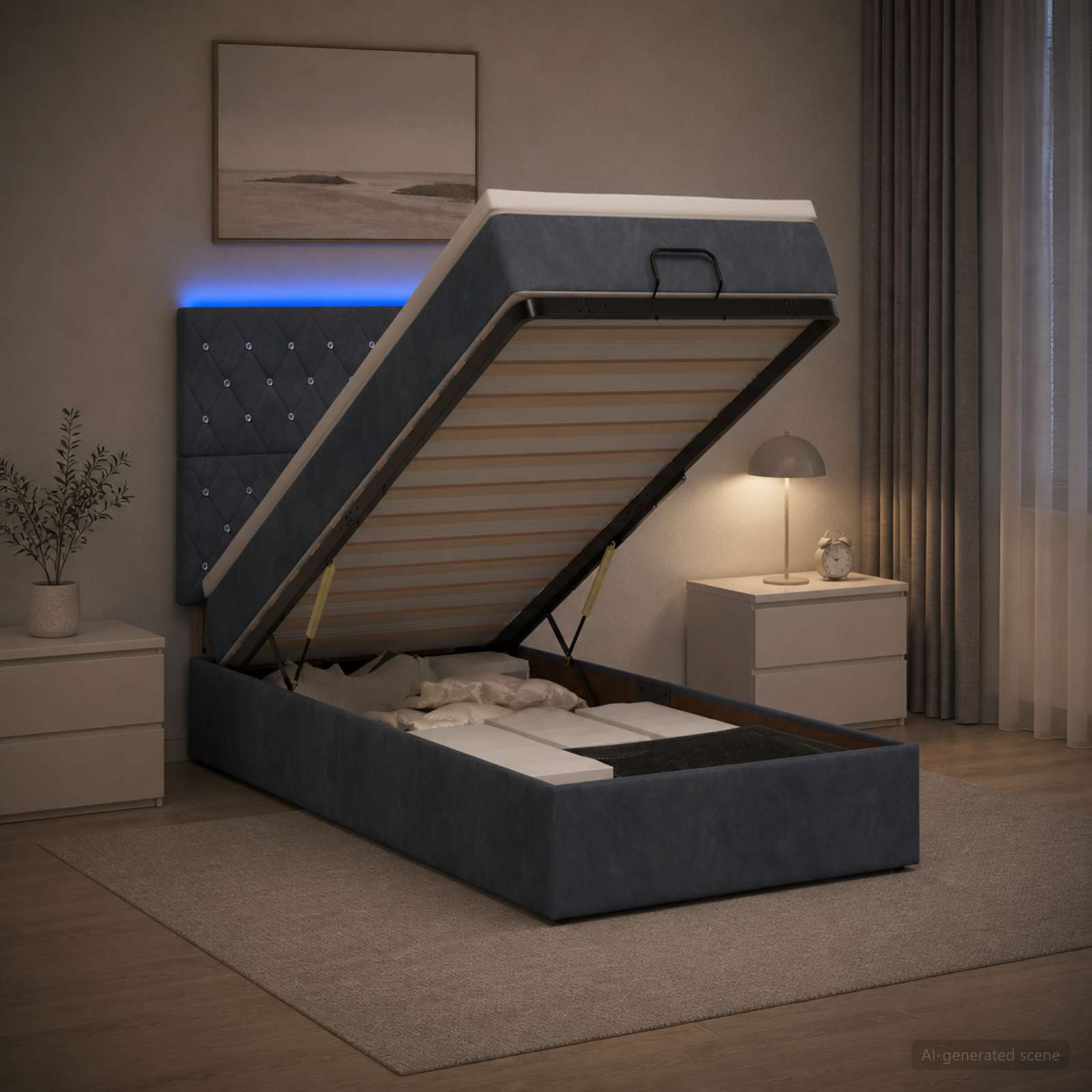 Κρεβάτι Ottoman με Στρώμα και LED Σκούρο Γκρι 100 x 200 cm - Pakobazaar