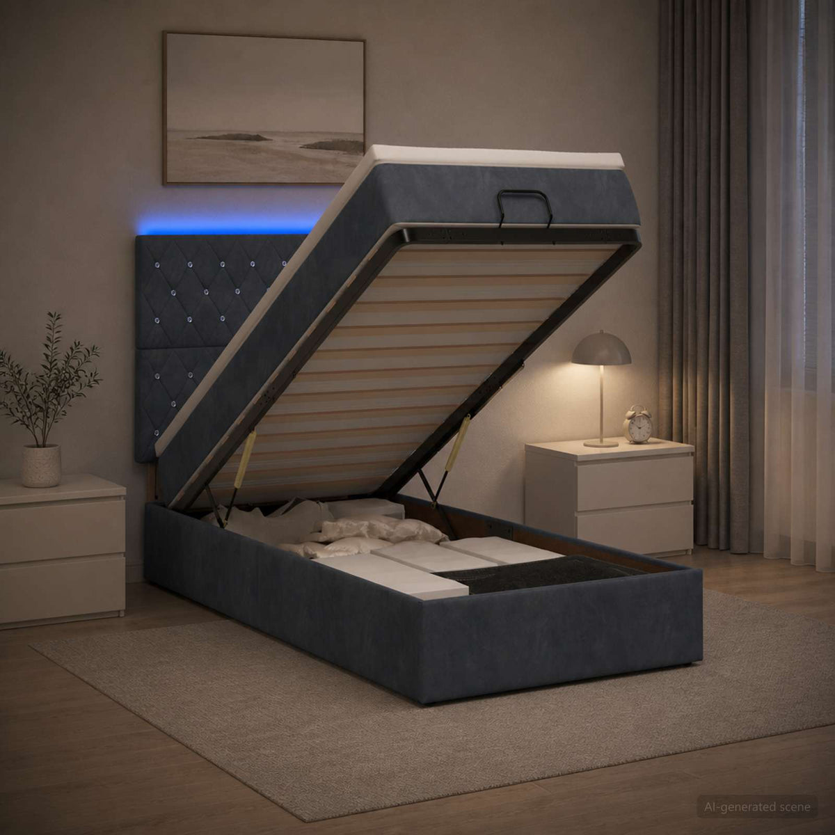 Κρεβάτι Ottoman με Στρώμα και LED Σκούρο Γκρι 90 x 200 cm - Pakobazaar