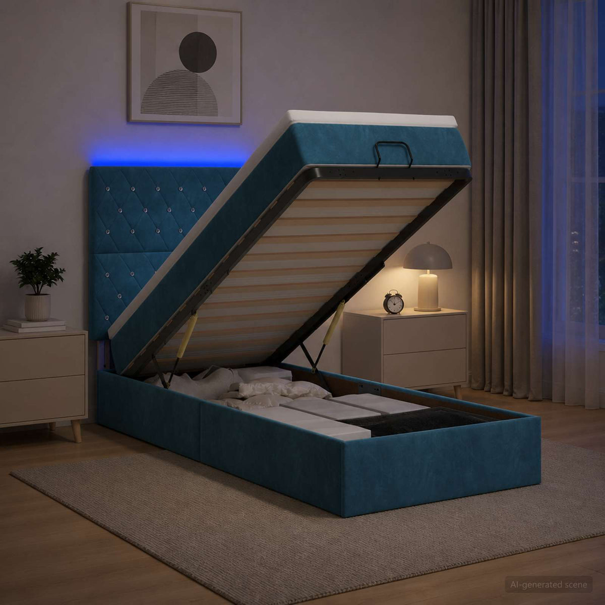 Κρεβάτι Ottoman με Στρώμα και LED Σκούρο Μπλε 90 x 190 cm - Pakobazaar