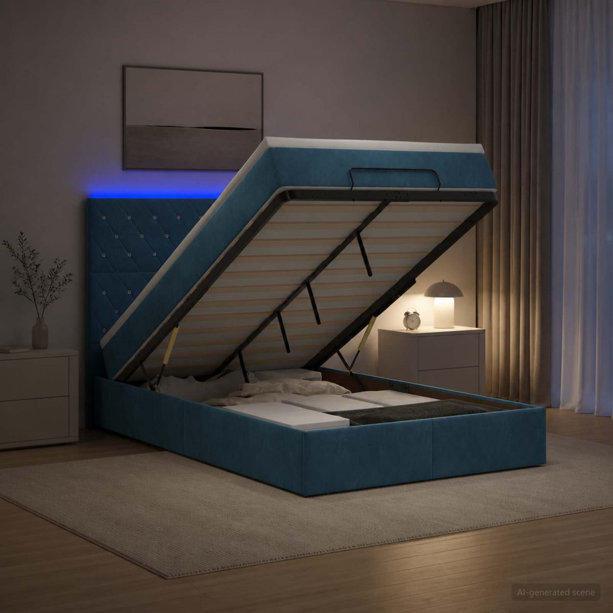 Κρεβάτι Ottoman με Στρώμα και LED Σκούρο Μπλε 120 x 200 cm - Pakobazaar