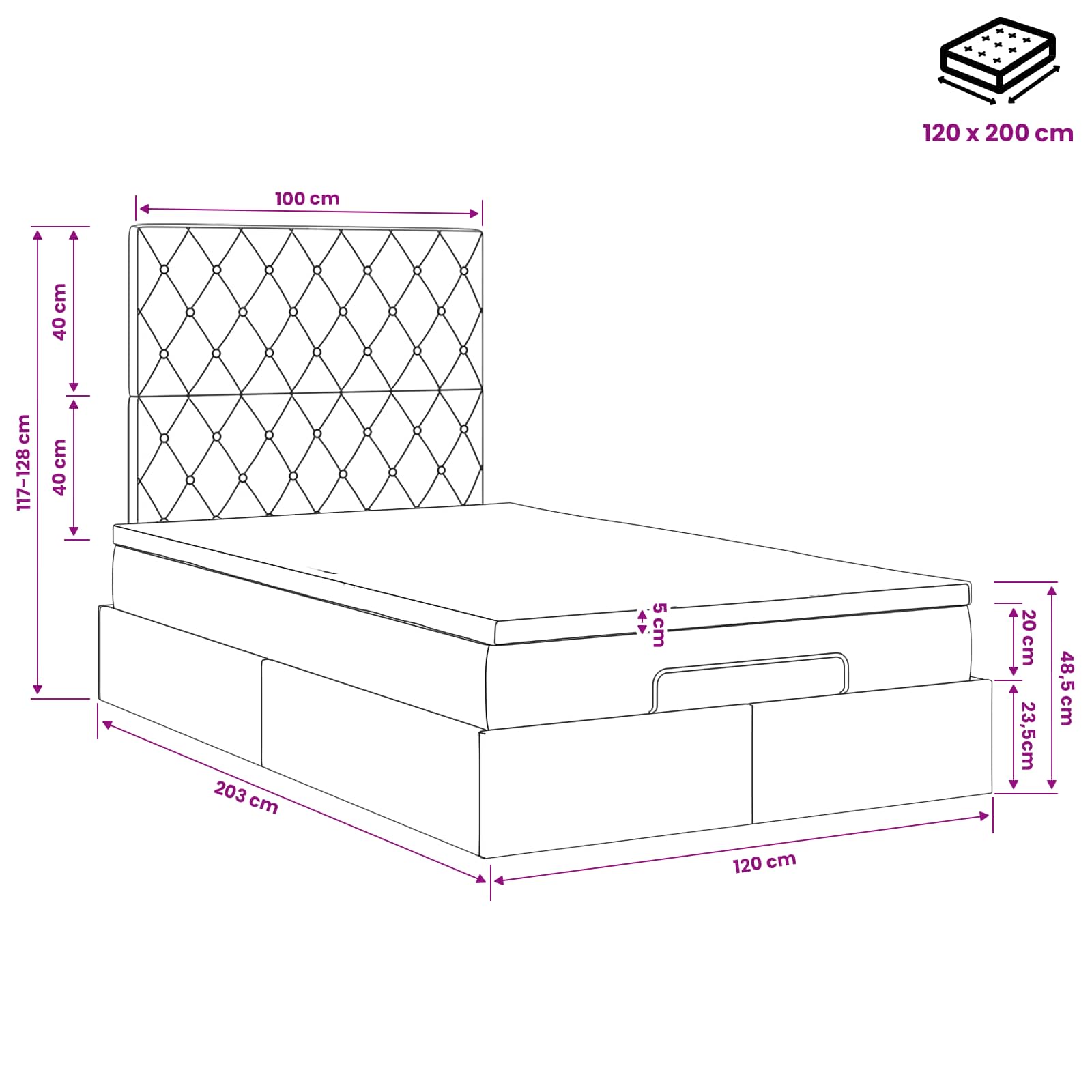Κρεβάτι Ottoman με Στρώμα και LED Ροζ 120 x 200 cm Βελούδο
