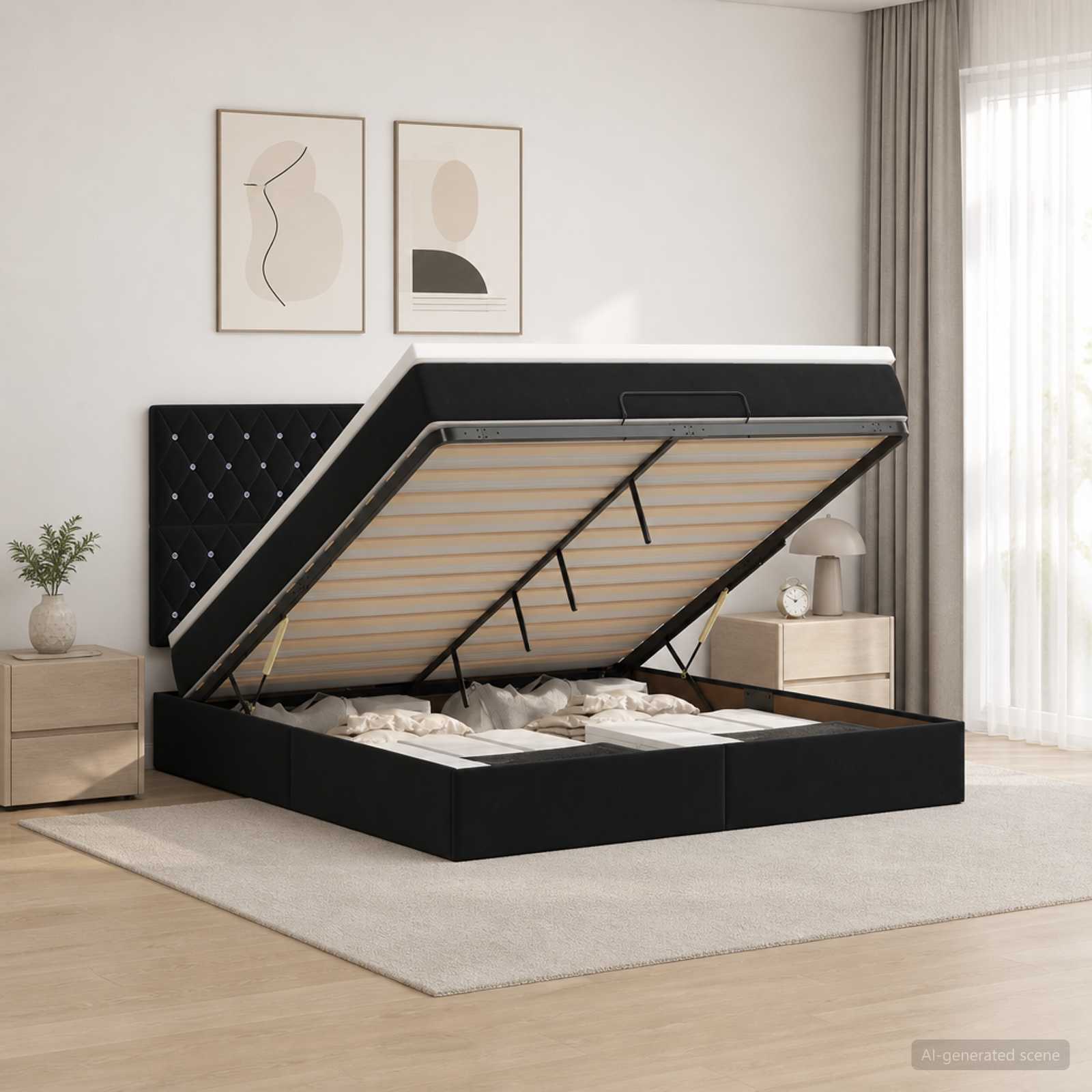 Κρεβάτι Ottoman με Στρώμα και LED Μαύρο 160 x 200 cm Βελούδο