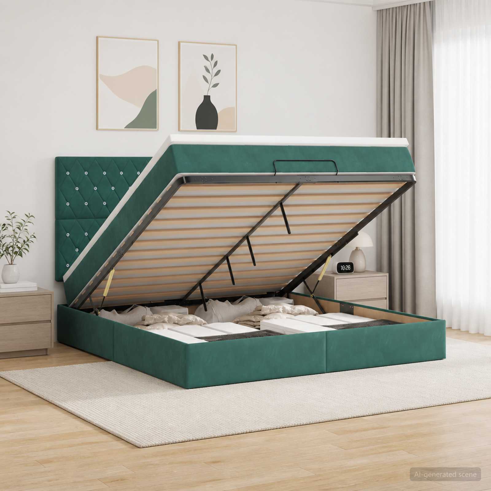 Κρεβάτι Ottoman με Στρώμα και LED Σκούρο Πράσινο 180 x 200 cm