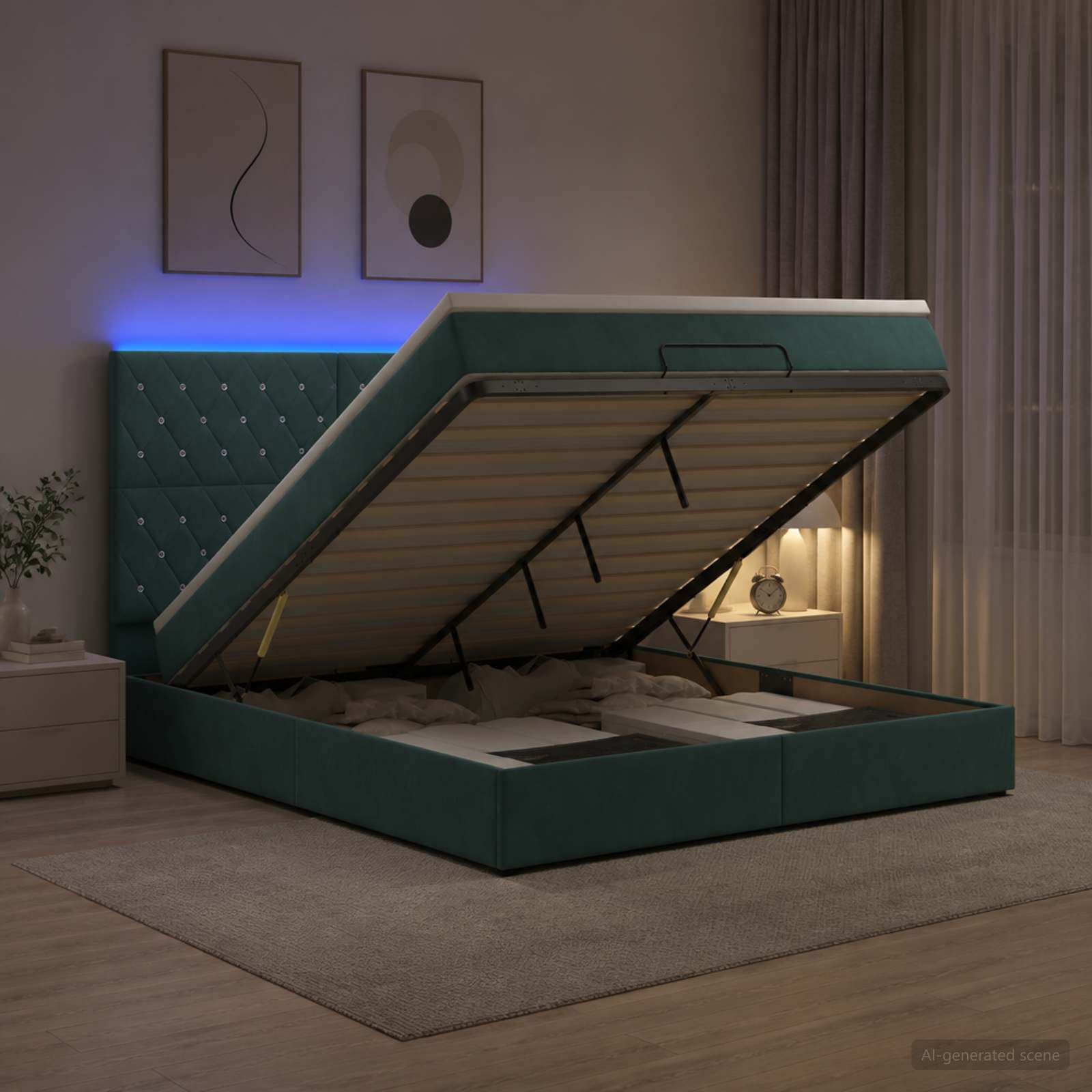 Κρεβάτι Ottoman με Στρώμα και LED Σκούρο Πράσινο 180 x 200 cm