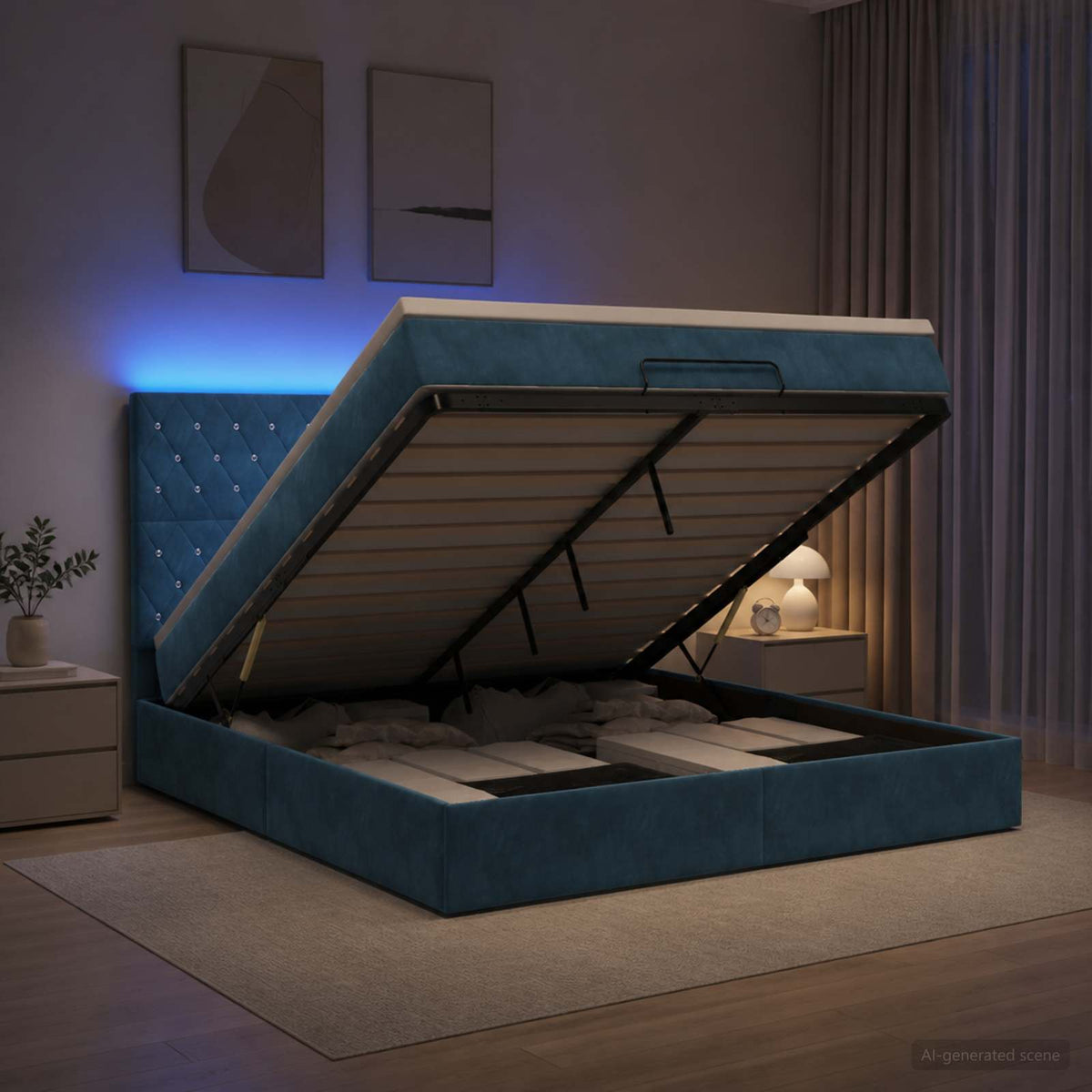 Κρεβάτι Ottoman με Στρώμα και LED Σκούρο Μπλε 180 x 200 cm - Pakobazaar