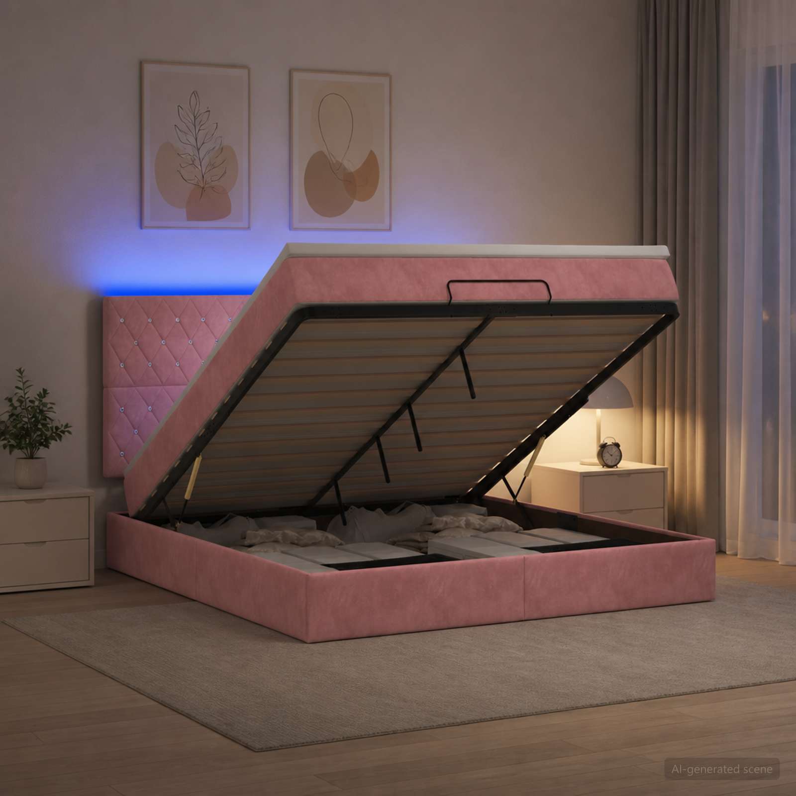 Κρεβάτι Ottoman με Στρώμα και LED Ροζ 160 x 200 cm Βελούδο