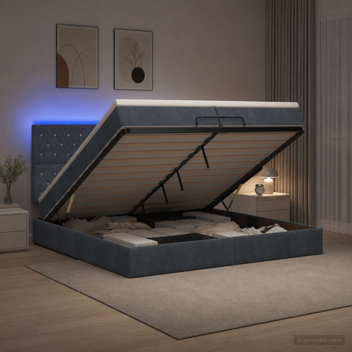Κρεβάτι Ottoman με Στρώμα και LED Σκούρο Γκρι 200 x 200 cm - Pakobazaar