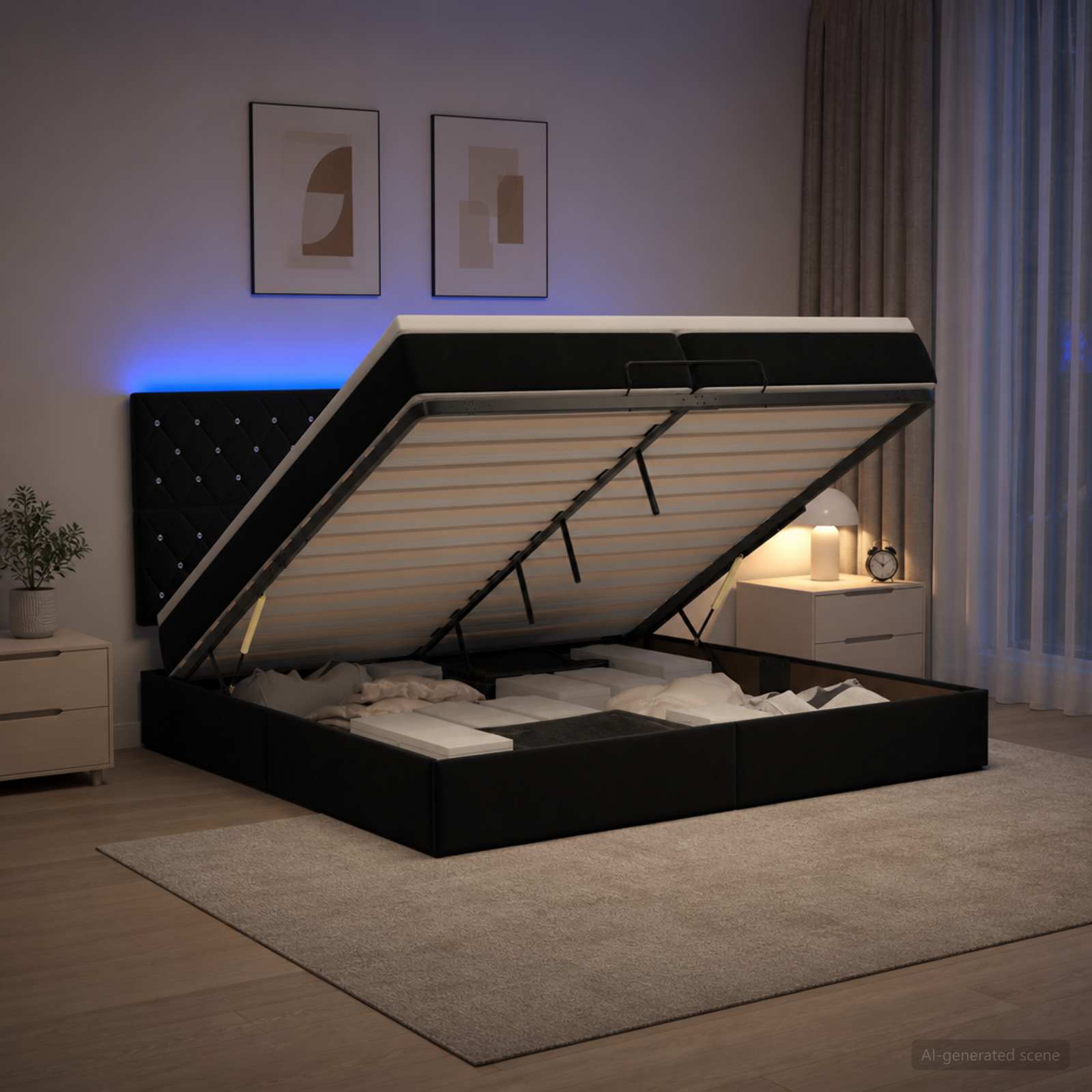 Κρεβάτι Ottoman με Στρώμα και LED Μαύρο 200 x 200 cm Βελούδο