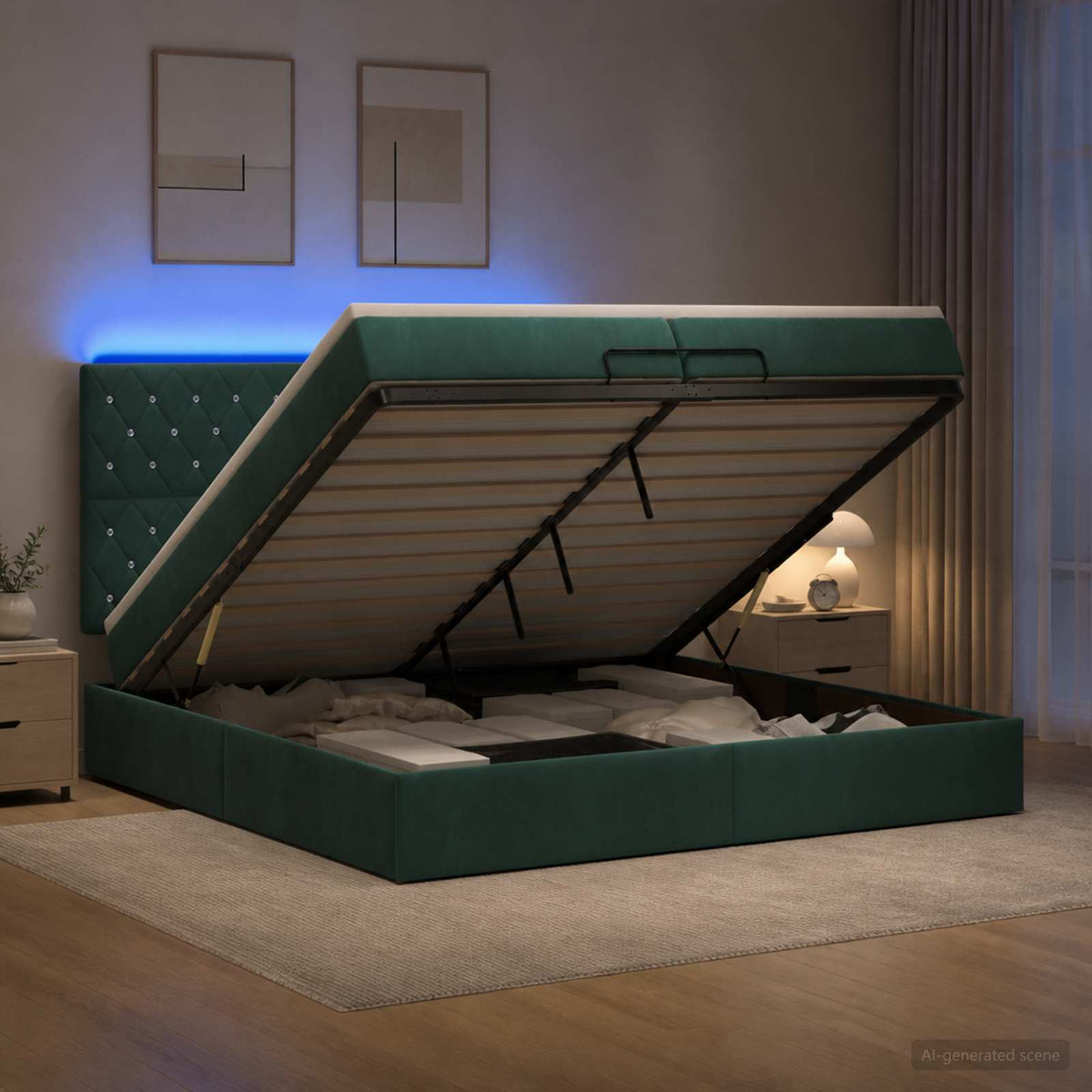 Κρεβάτι Ottoman με Στρώμα και LED Σκούρο Πράσινο 200 x 200 cm - Pakobazaar