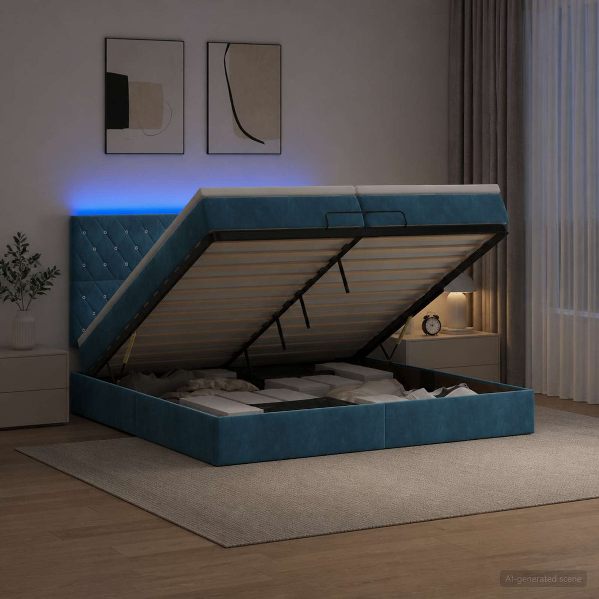 Κρεβάτι Ottoman με Στρώμα και LED Σκούρο Μπλε 200 x 200 cm - Pakobazaar