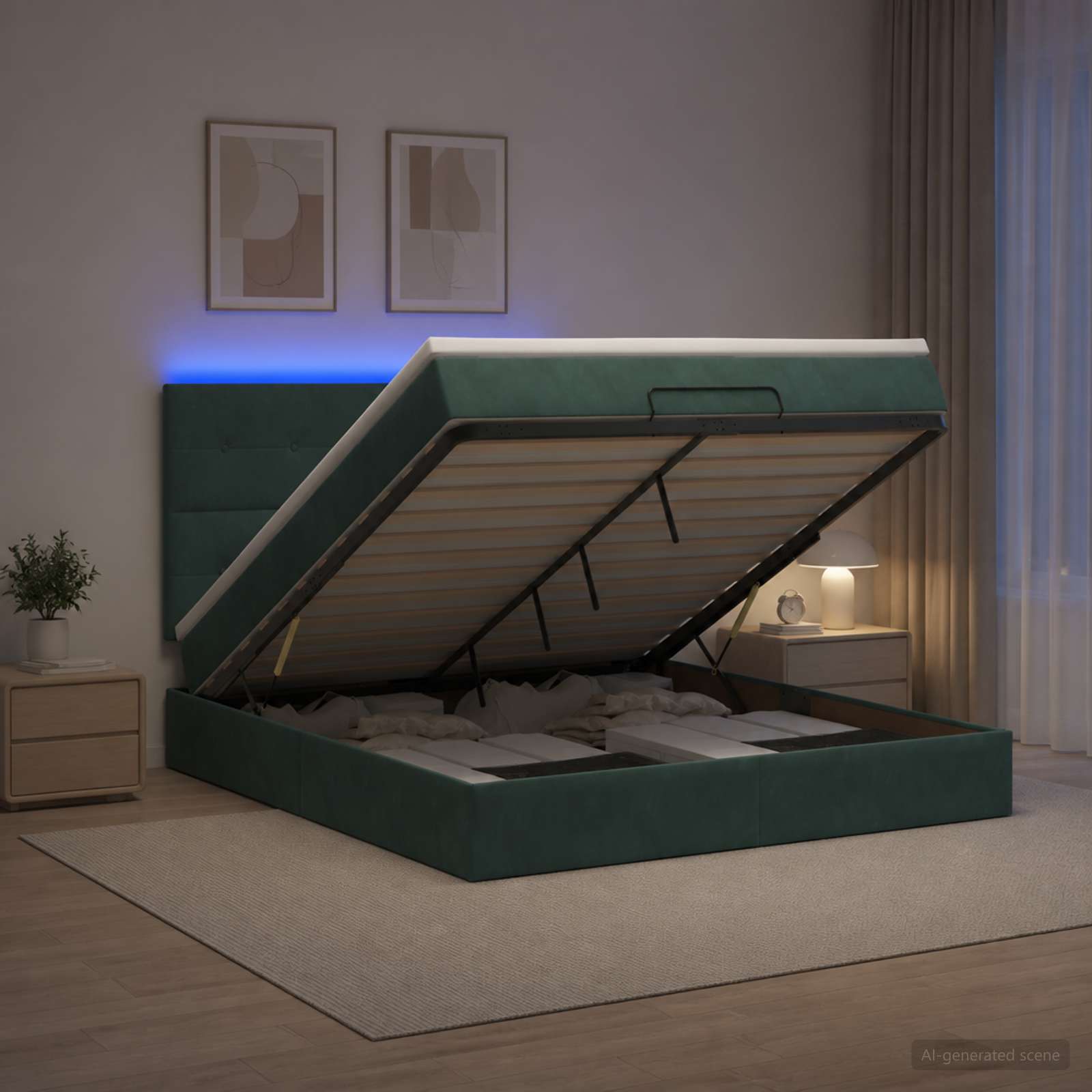 Κρεβάτι Ottoman με Στρώμα και LED Σκούρο Πράσινο 160 x 200 cm - Pakobazaar