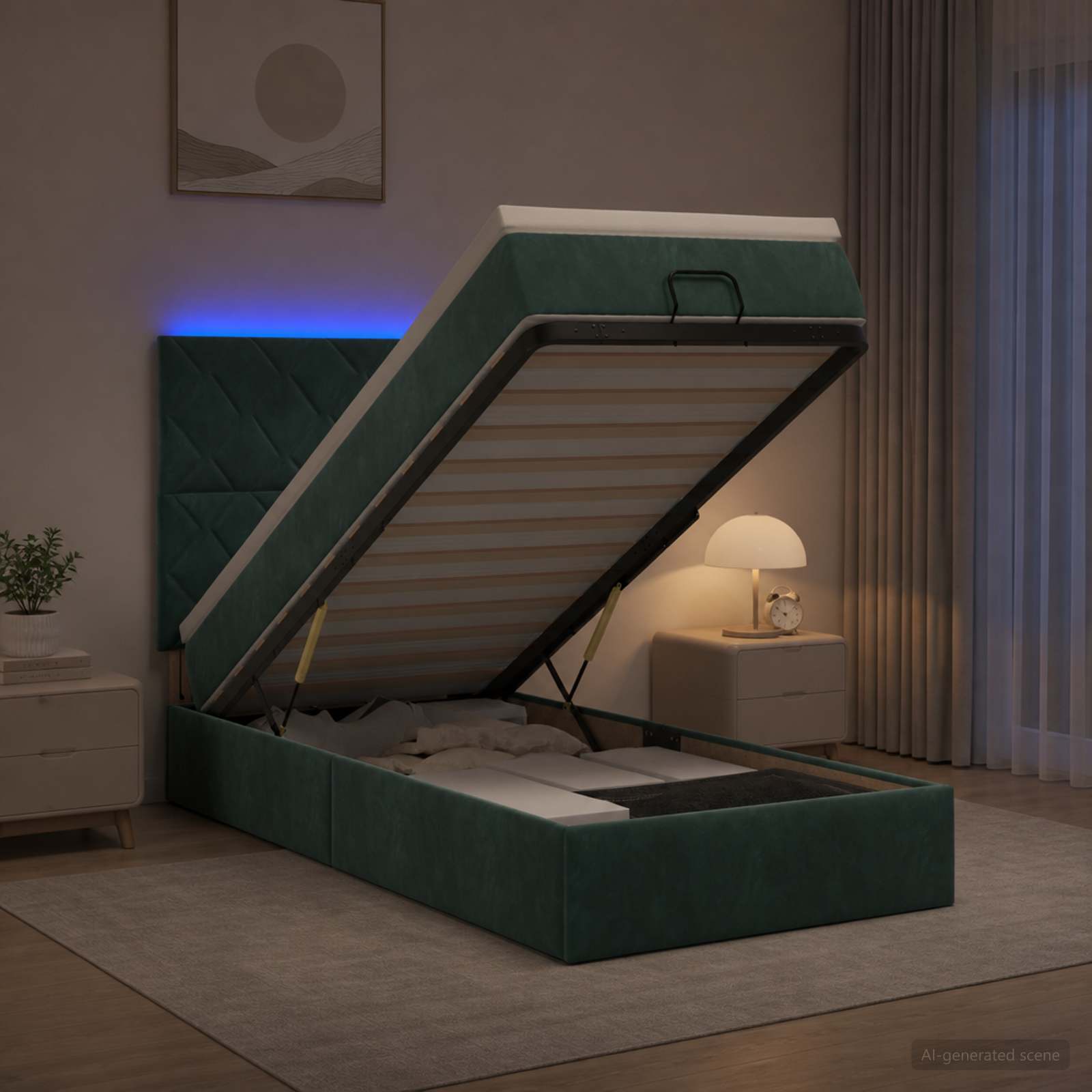 Κρεβάτι Ottoman με Στρώμα και LED Σκούρο Πράσινο 100 x 200 cm - Pakobazaar