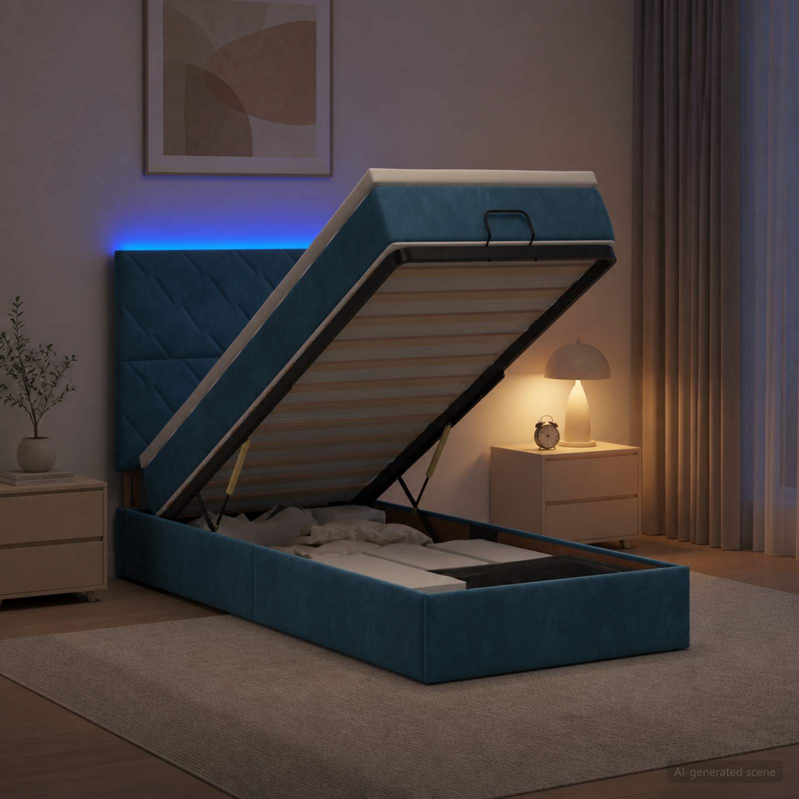 Κρεβάτι Ottoman με Στρώμα και LED Σκούρο Μπλε 80 x 200 cm