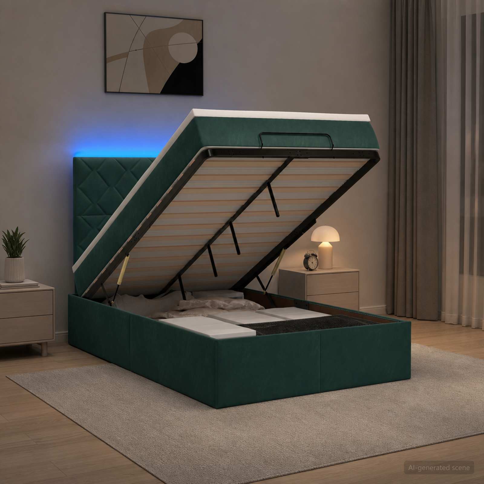 Κρεβάτι Ottoman με Στρώμα και LED Σκούρο Πράσινο 120 x 200 cm
