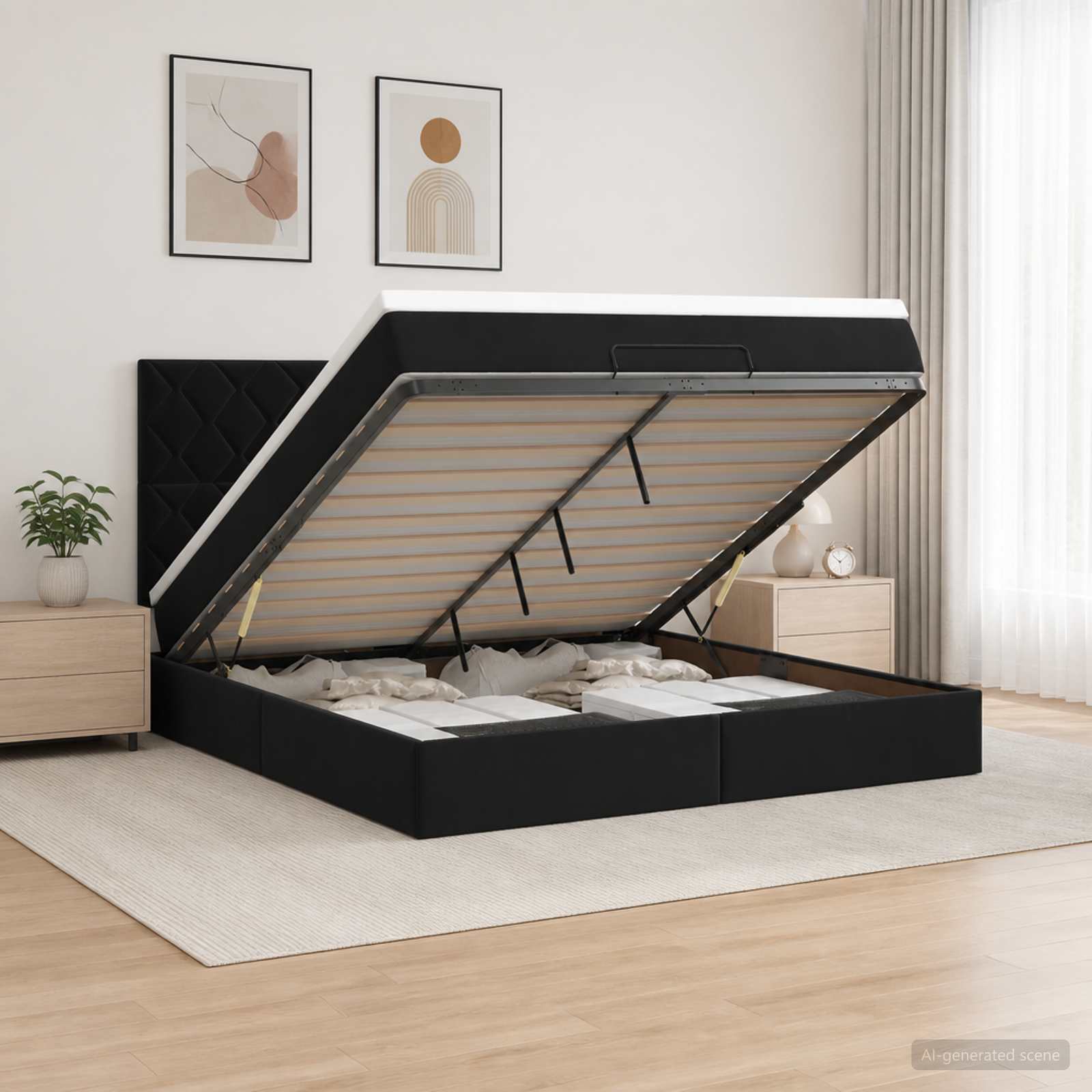 Κρεβάτι Ottoman με Στρώμα και LED Μαύρο 160 x 200 cm Βελούδο
