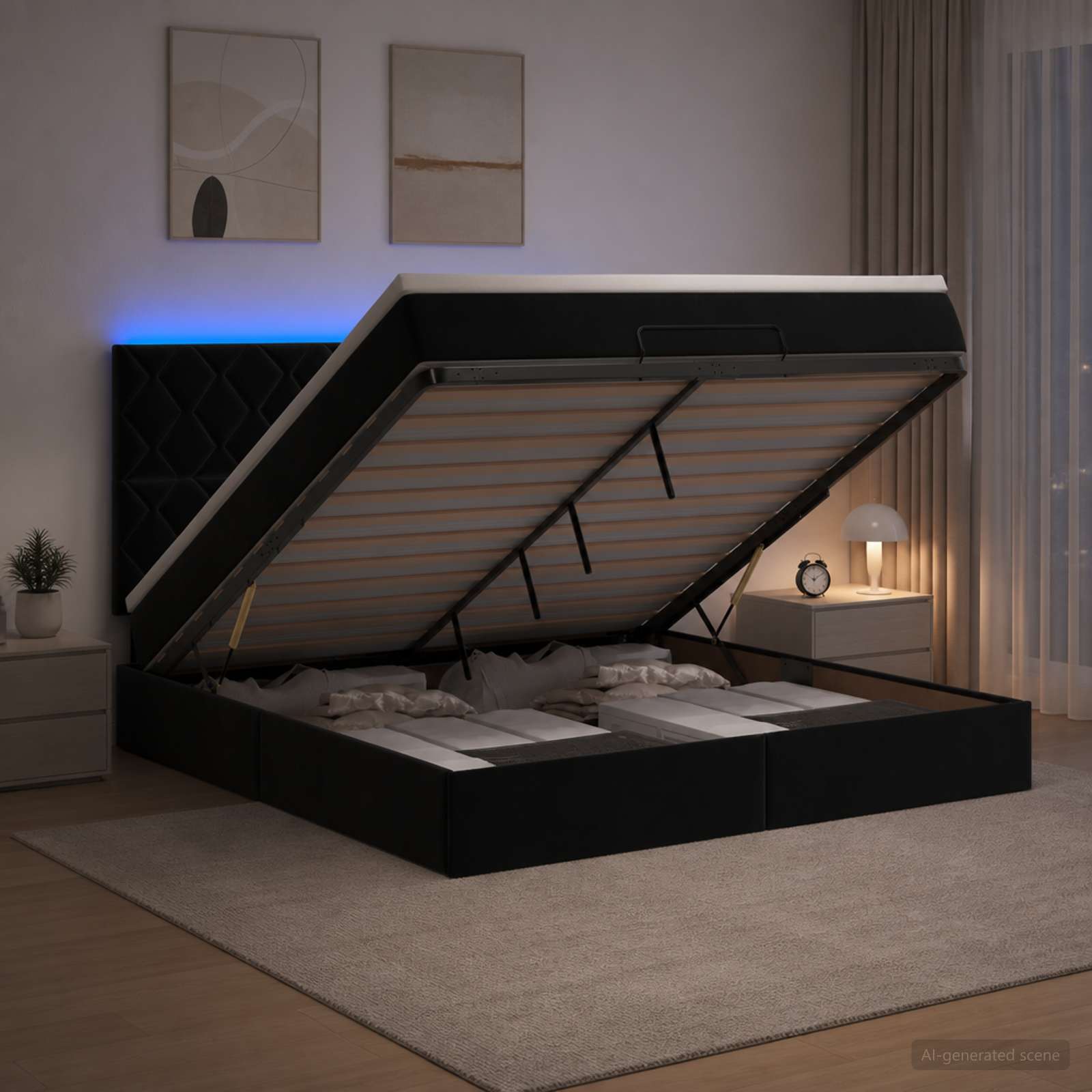 Κρεβάτι Ottoman με Στρώμα και LED Μαύρο 160 x 200 cm Βελούδο