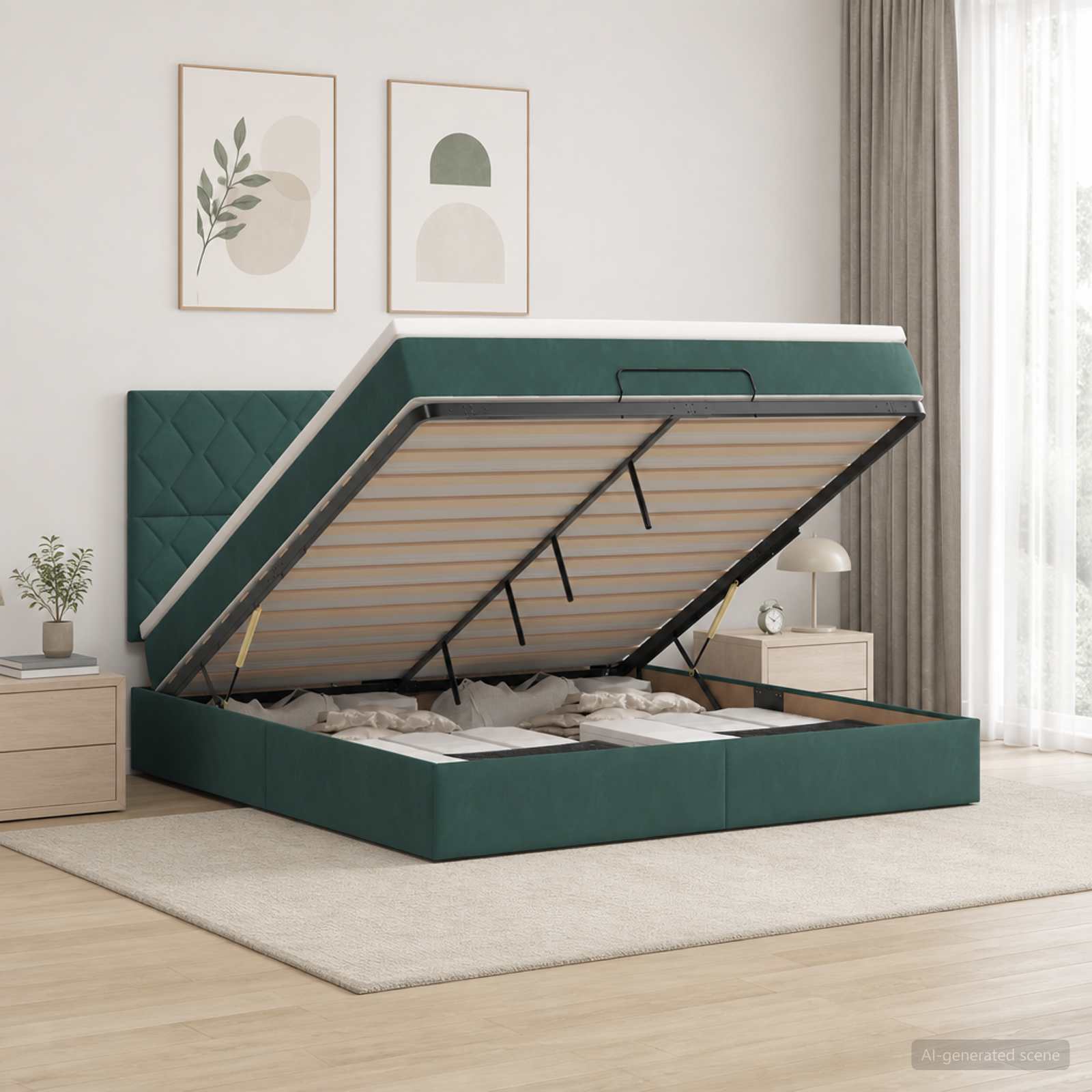 Κρεβάτι Ottoman με Στρώμα και LED Σκούρο Πράσινο 160 x 200 cm