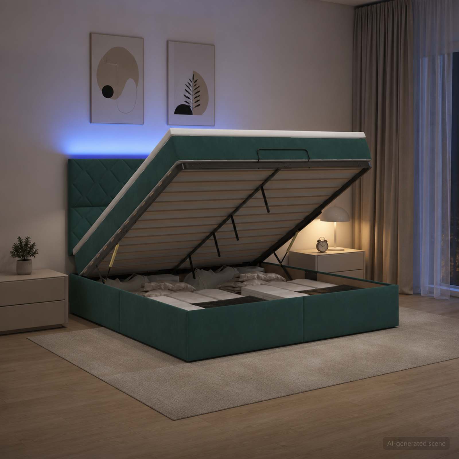 Κρεβάτι Ottoman με Στρώμα και LED Σκούρο Πράσινο 160 x 200 cm