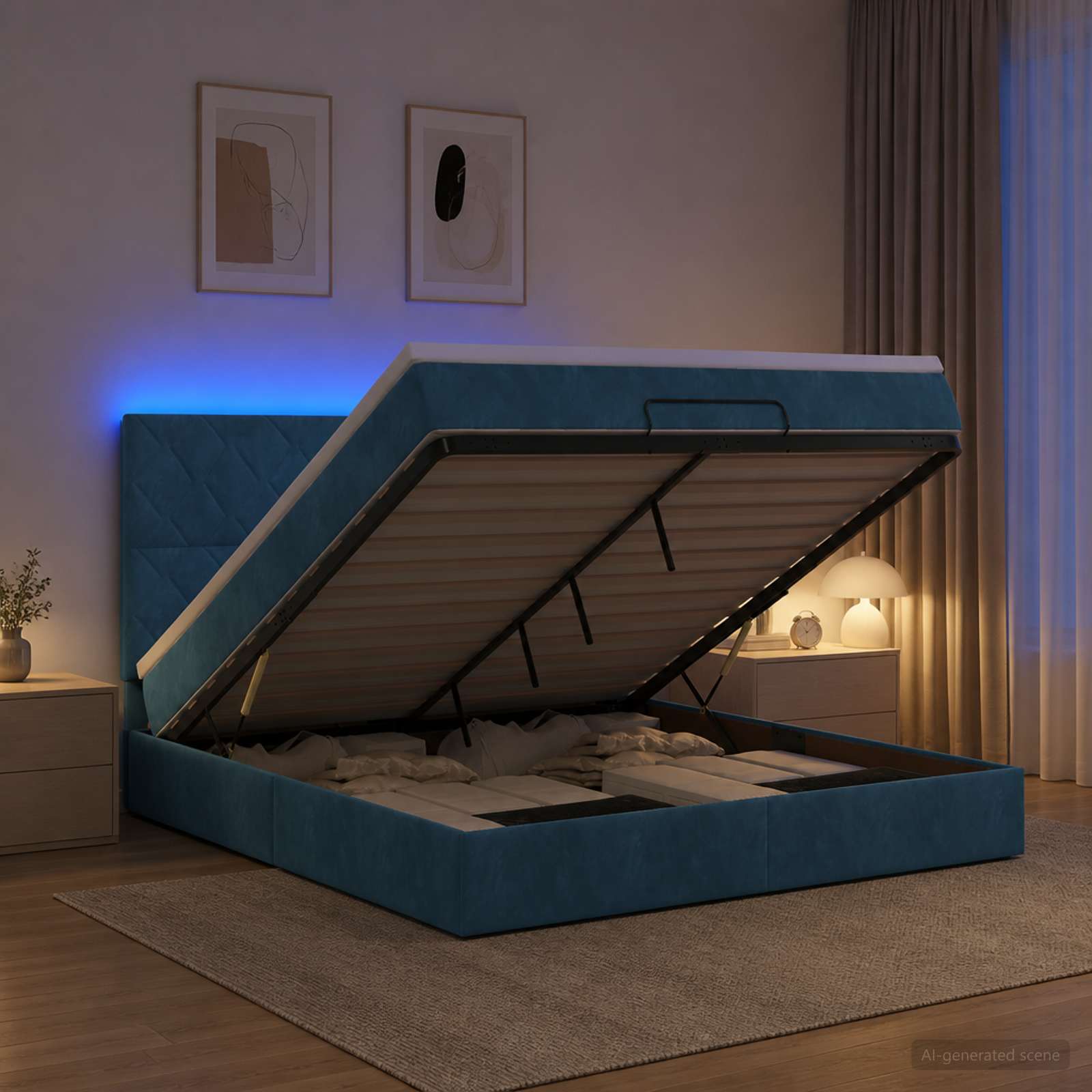 Κρεβάτι Ottoman με Στρώμα και LED Σκούρο Μπλε 160 x 200 cm