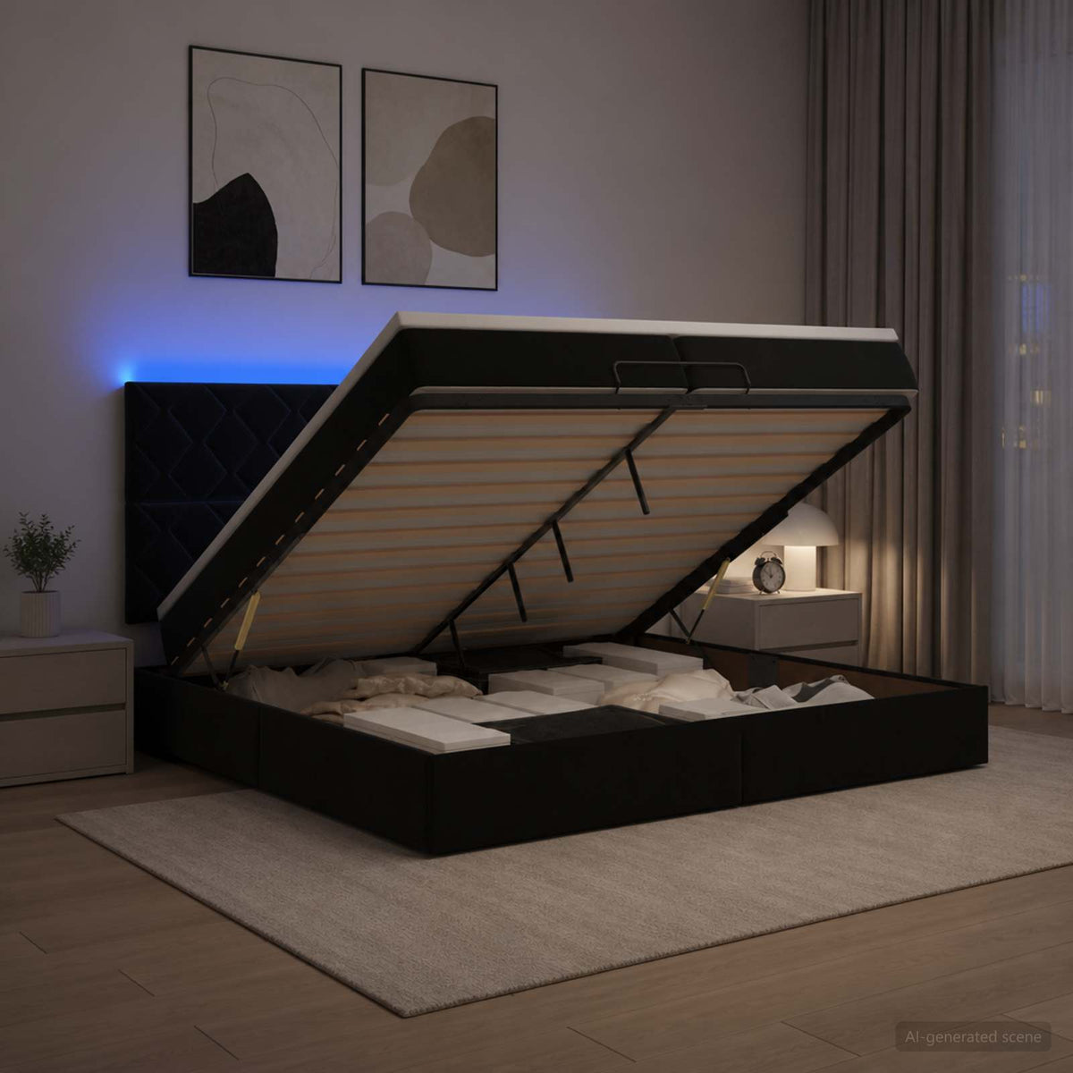 Κρεβάτι Ottoman με Στρώμα και LED Μαύρο 200 x 200 cm Βελούδο - Pakobazaar