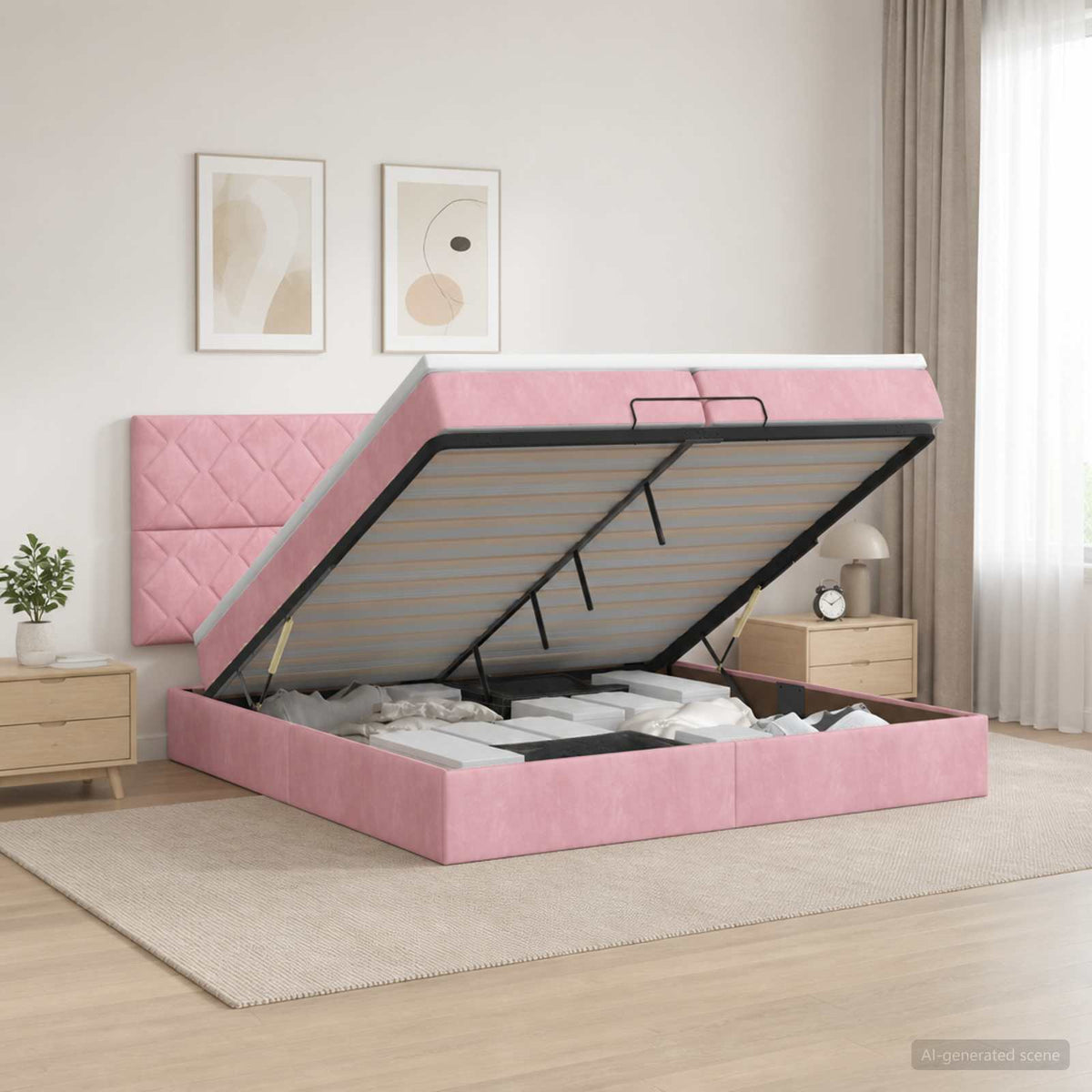 Κρεβάτι Ottoman με Στρώμα και LED Ροζ 200 x 200 cm Βελούδο - Pakobazaar