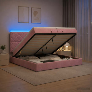 Κρεβάτι Ottoman με Στρώμα και LED Ροζ 200 x 200 cm Βελούδο - Pakobazaar