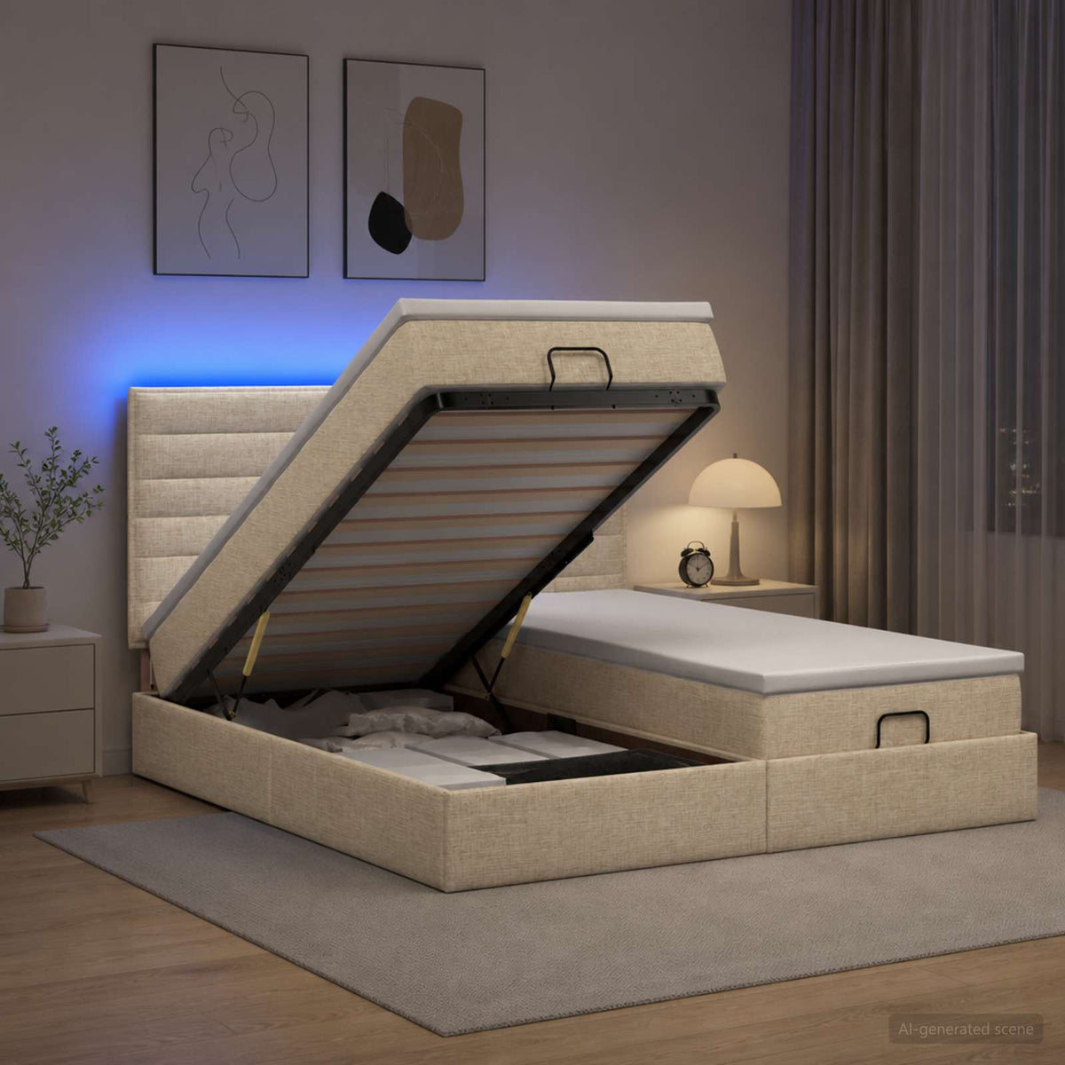 Κρεβάτι Ottoman με Στρώμα και LED Κρεμ 180 x 200 cm Ύφασμα