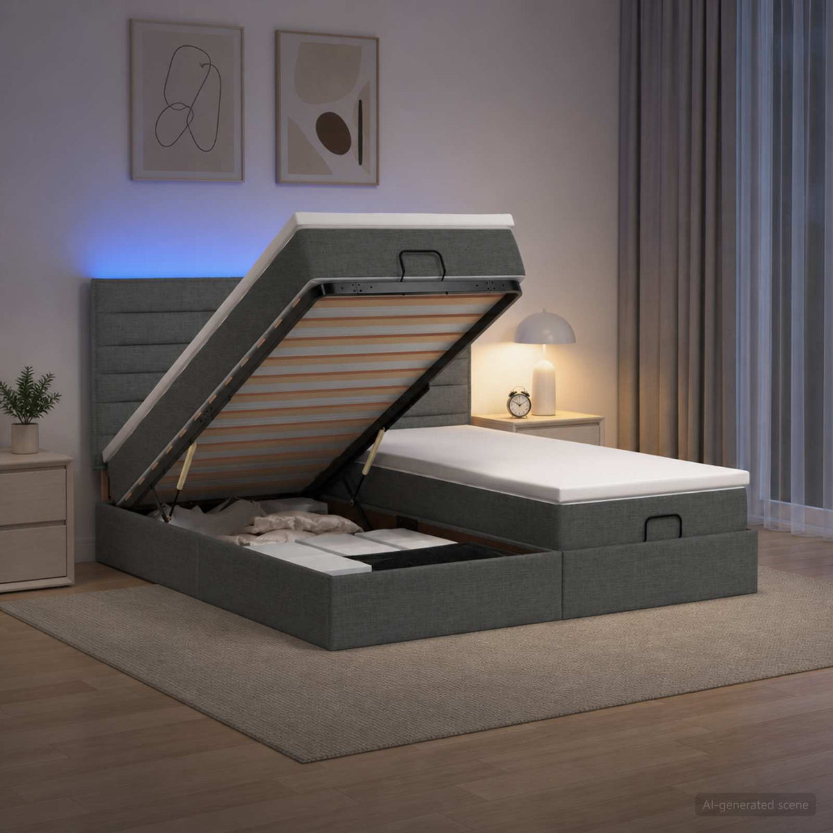Κρεβάτι Ottoman με Στρώμα και LED Σκούρο Γκρι 180 x 200 cm - Pakobazaar