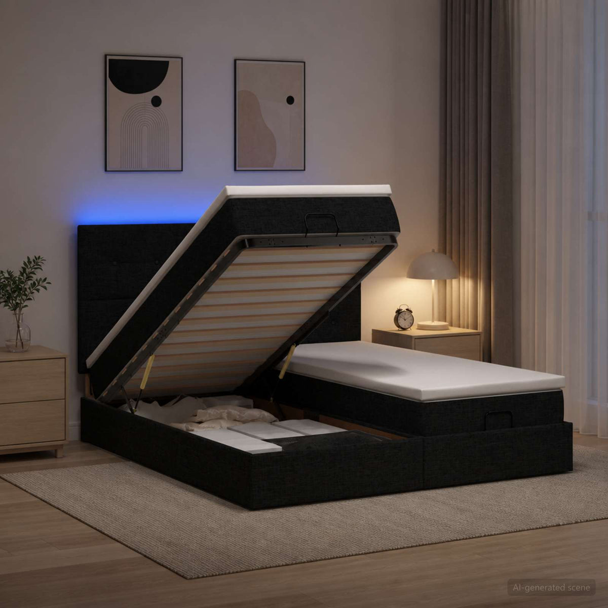 Κρεβάτι Ottoman με Στρώμα και LED Μαύρο 200 x 200 cm Ύφασμα - Pakobazaar