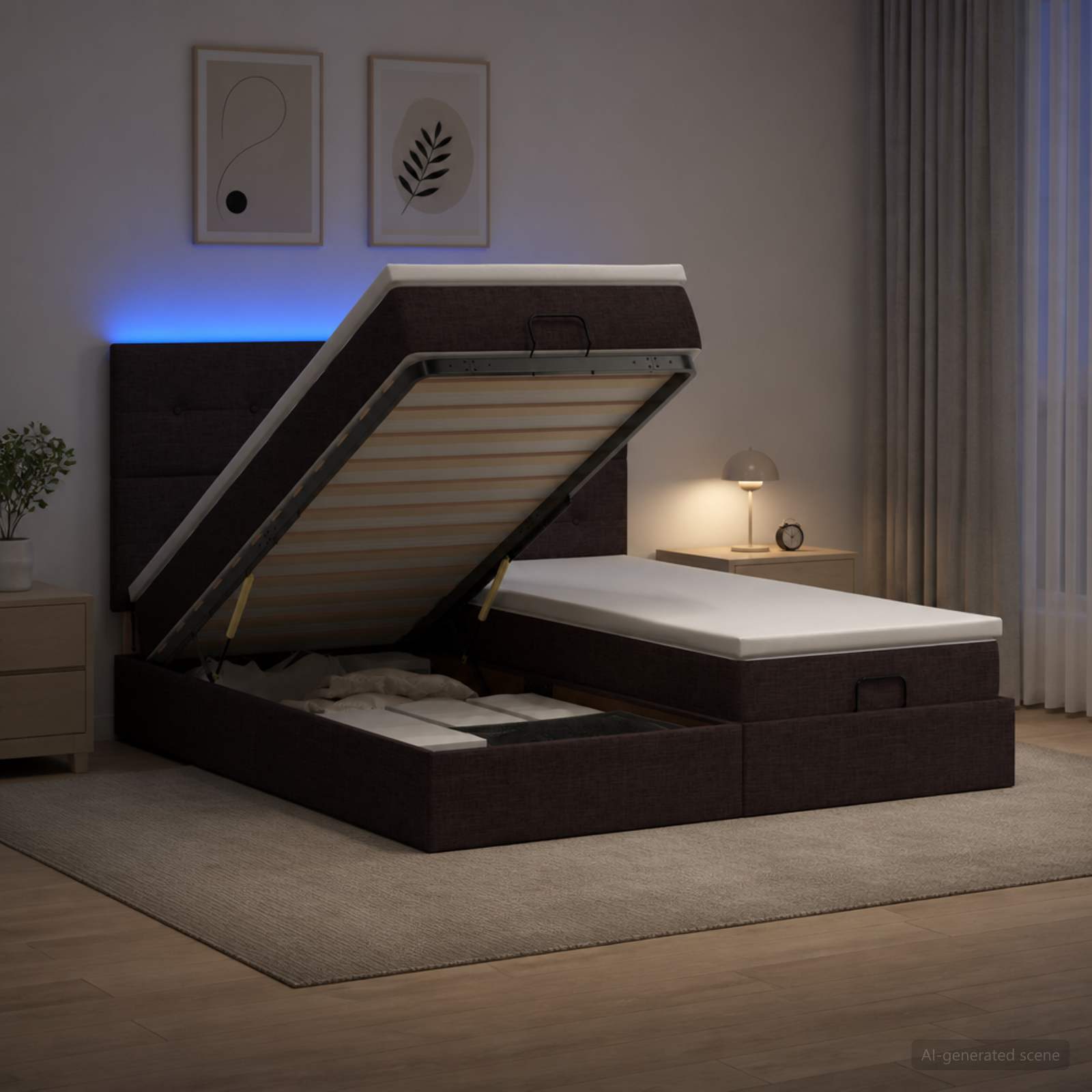 Κρεβάτι Ottoman με Στρώμα και LED Σκούρο Καφέ 200 x 200 cm