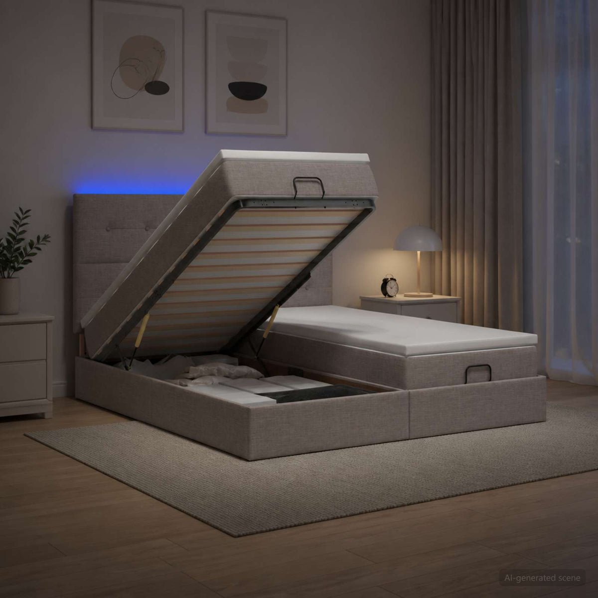 Κρεβάτι Ottoman με Στρώμα και LED Taupe 200 x 200 cm Ύφασμα - Pakobazaar