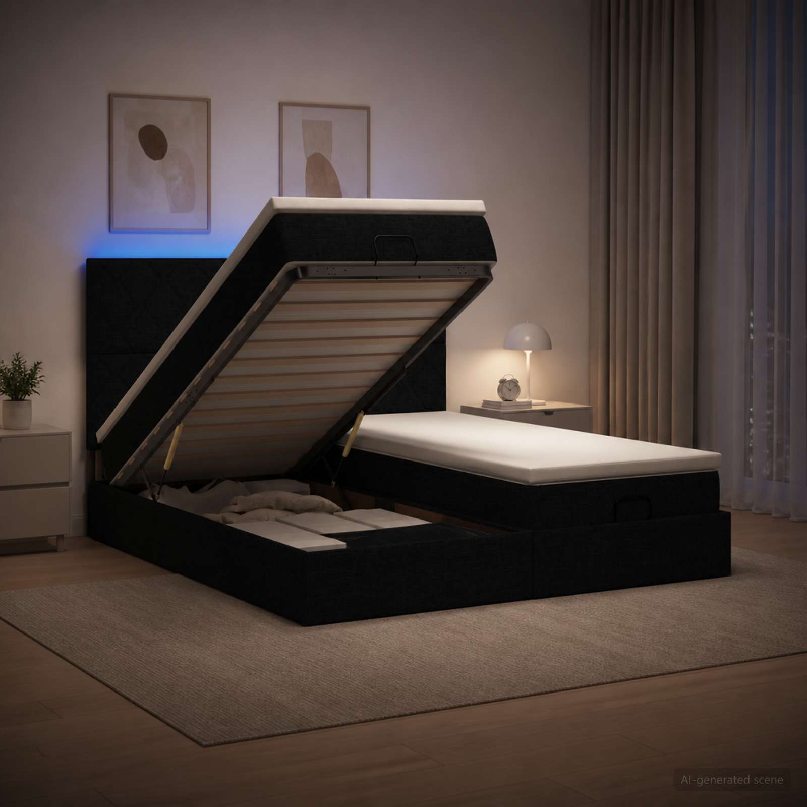 Κρεβάτι Ottoman με Στρώμα και LED Μαύρο 160 x 200 cm Ύφασμα