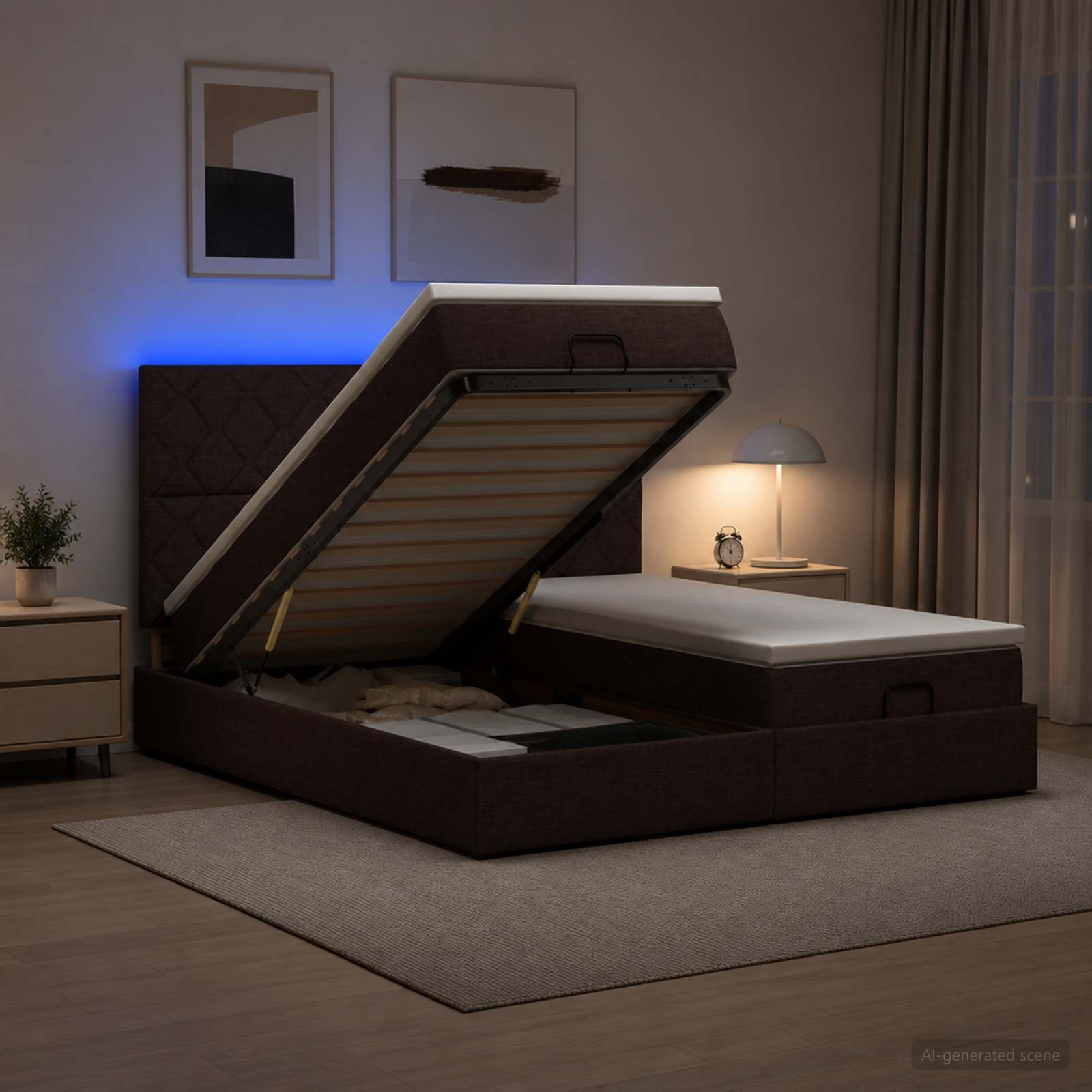 Κρεβάτι Ottoman με Στρώμα και LED Σκούρο Καφέ 180 x 200 cm