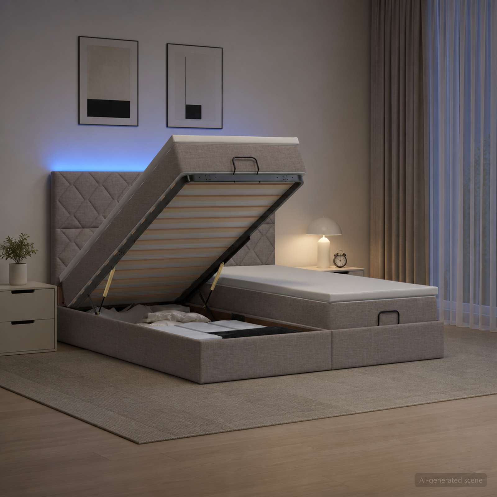 Κρεβάτι Ottoman με Στρώμα και LED Taupe 200 x 200 cm Ύφασμα