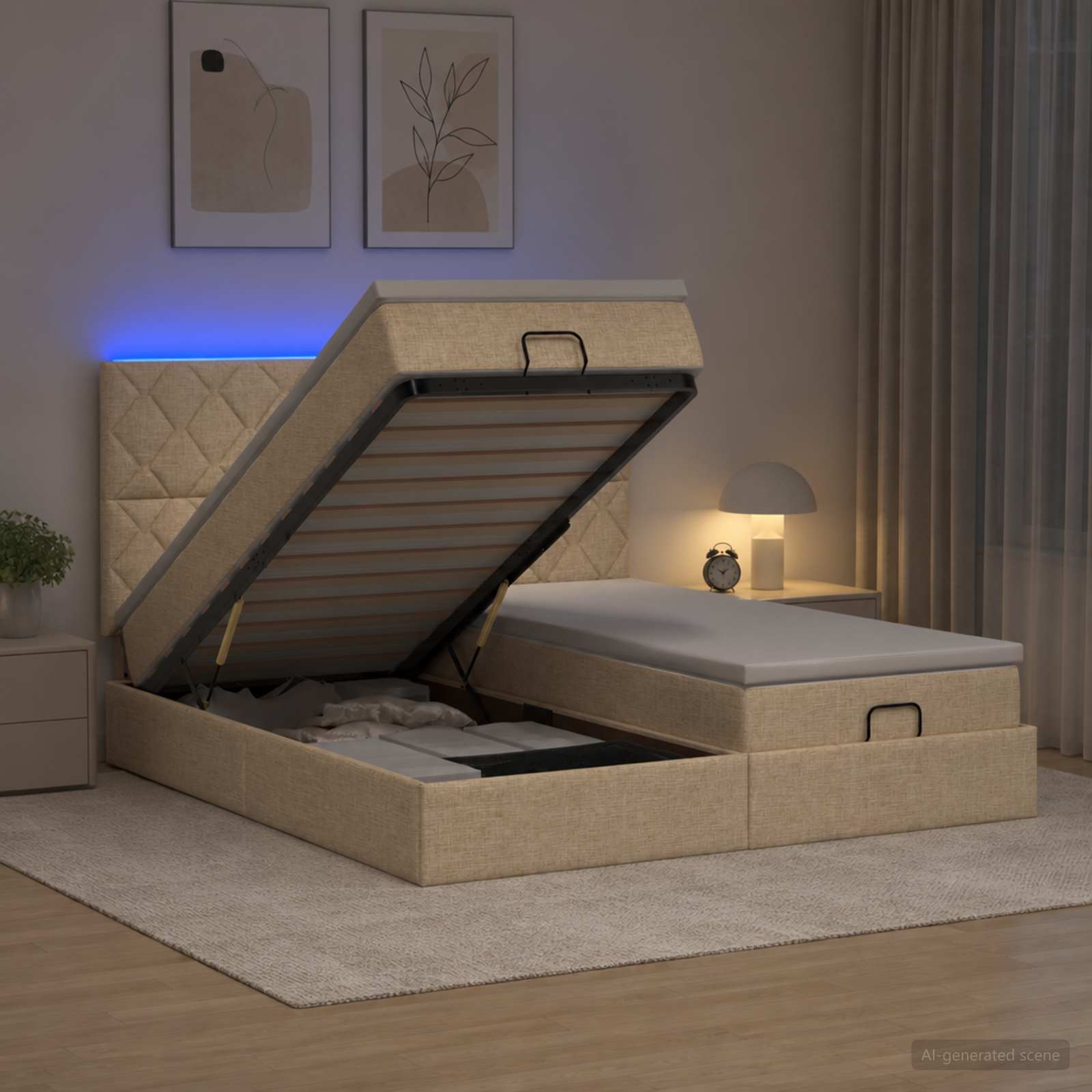 Κρεβάτι Ottoman με Στρώμα και LED Κρεμ 200 x 200 cm Ύφασμα