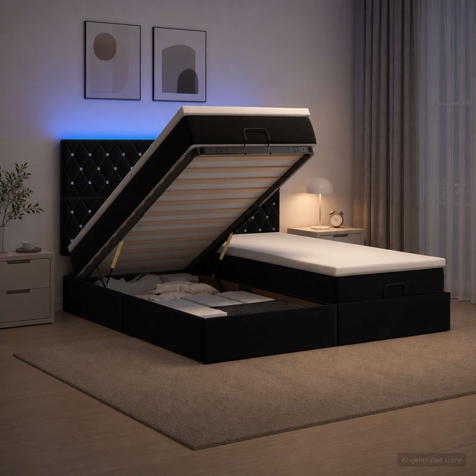 Κρεβάτι Ottoman με Στρώμα και LED Μαύρο 200 x 200 cm Βελούδο
