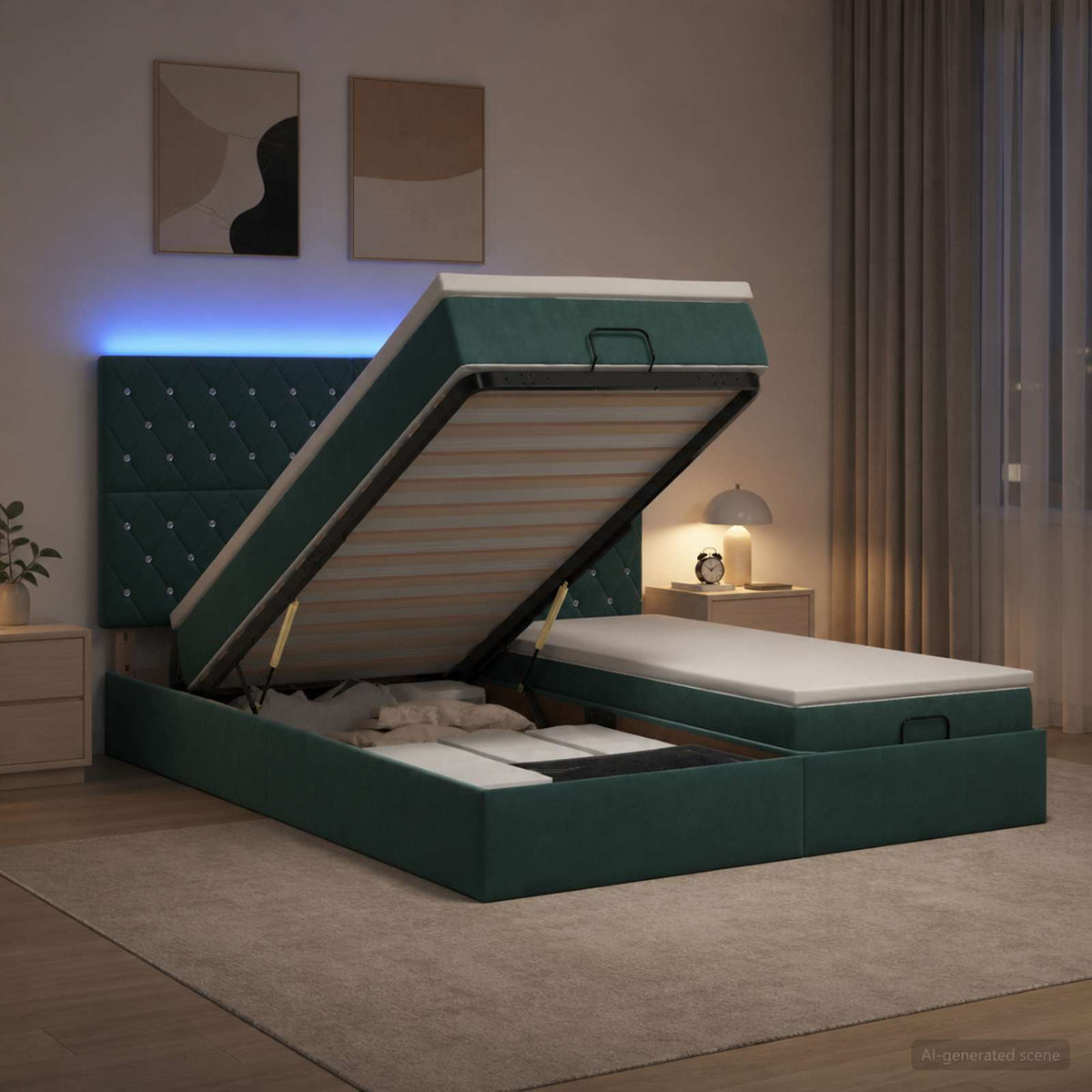 Κρεβάτι Ottoman με Στρώμα και LED Σκούρο Πράσινο 180 x 200 cm - Pakobazaar