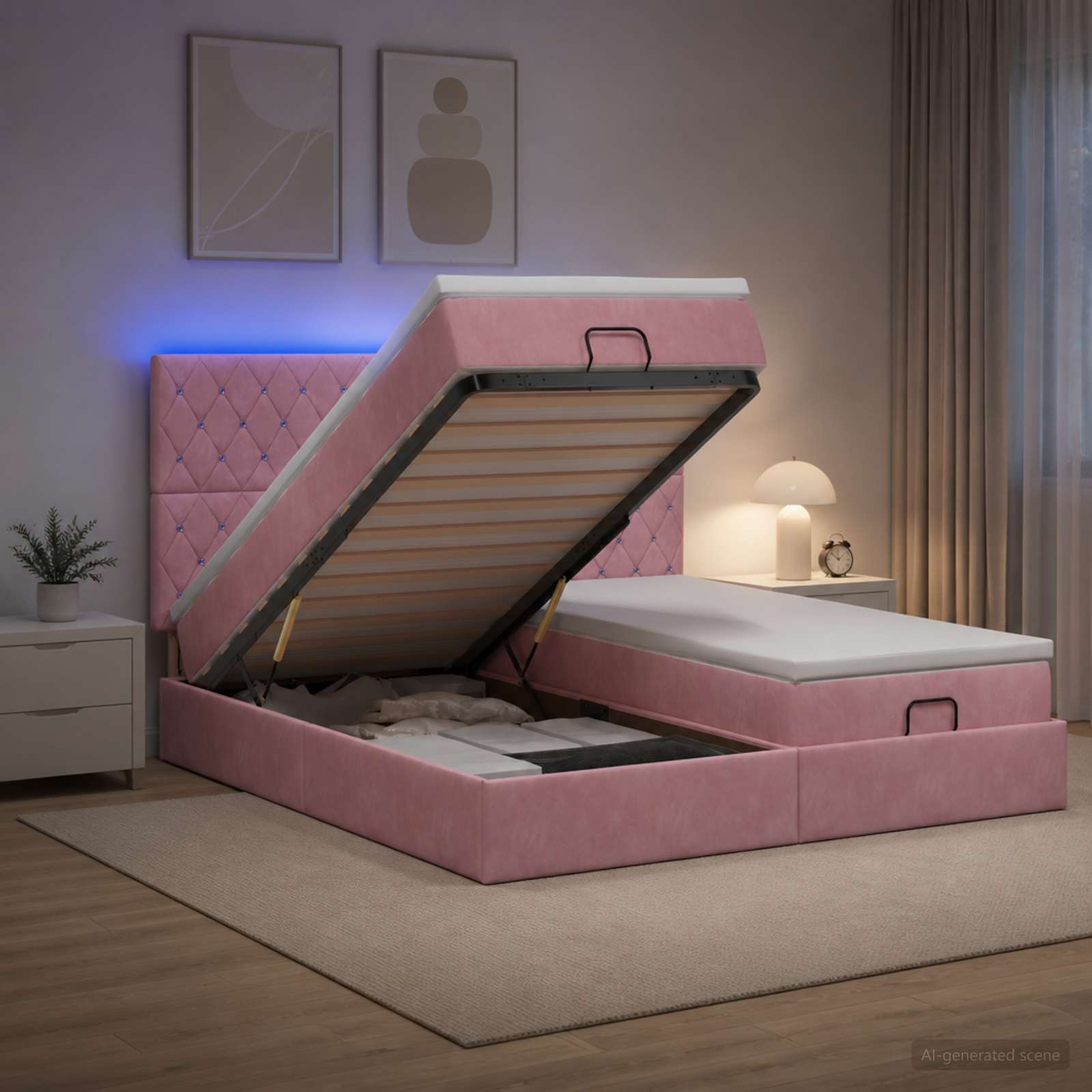 Κρεβάτι Ottoman με Στρώμα και LED Ροζ 160 x 200 cm Βελούδο