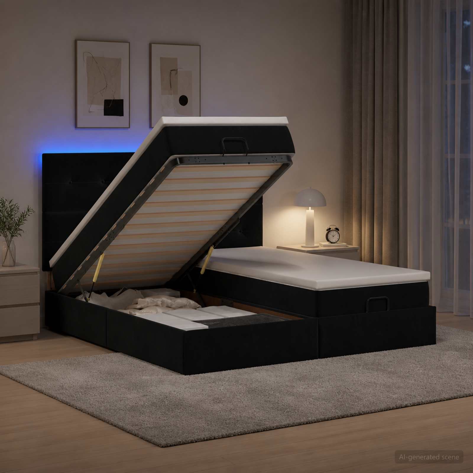 Κρεβάτι Ottoman με Στρώμα και LED Μαύρο 160 x 200 cm Βελούδο - Pakobazaar