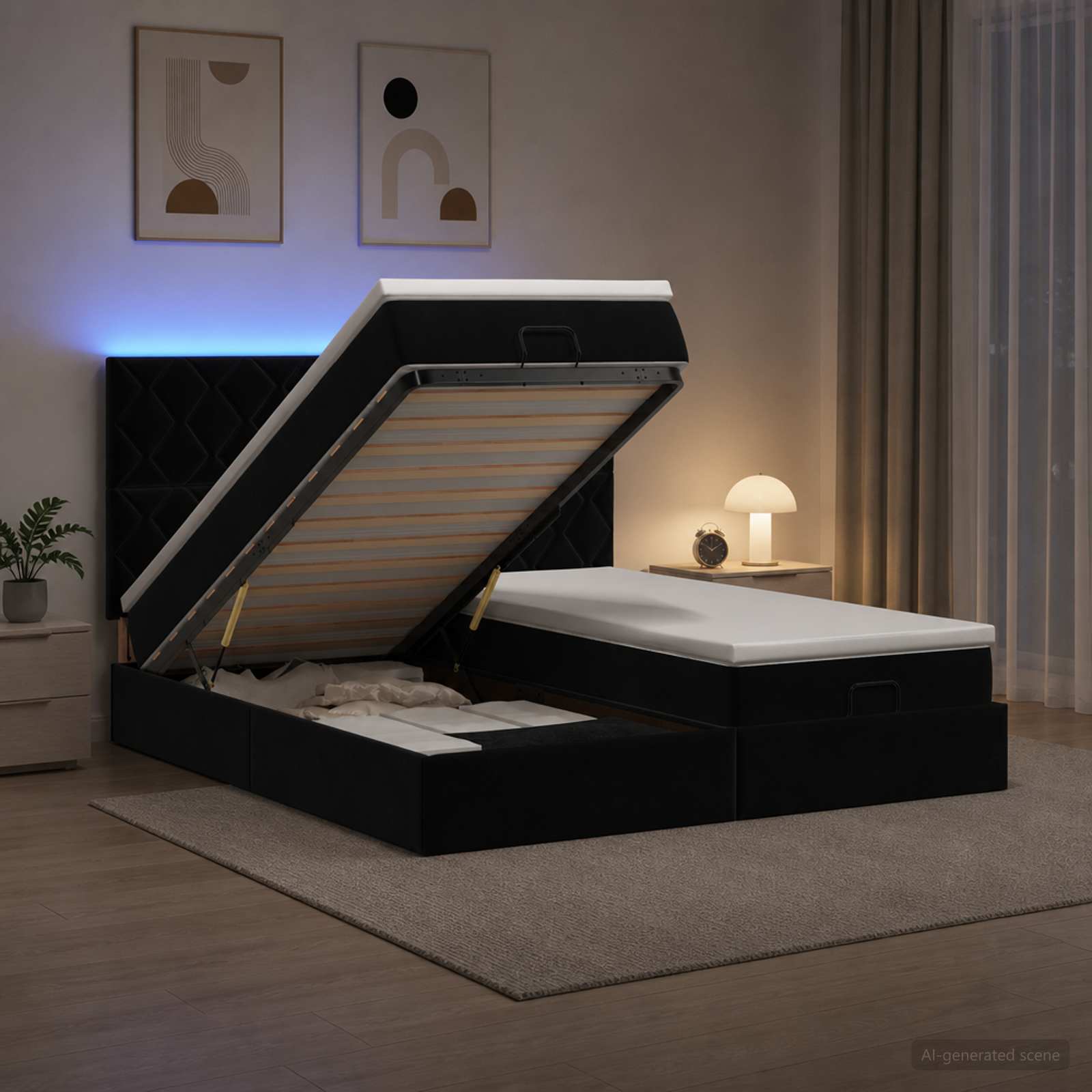 Κρεβάτι Ottoman με Στρώμα και LED Μαύρο 180 x 200 cm Βελούδο