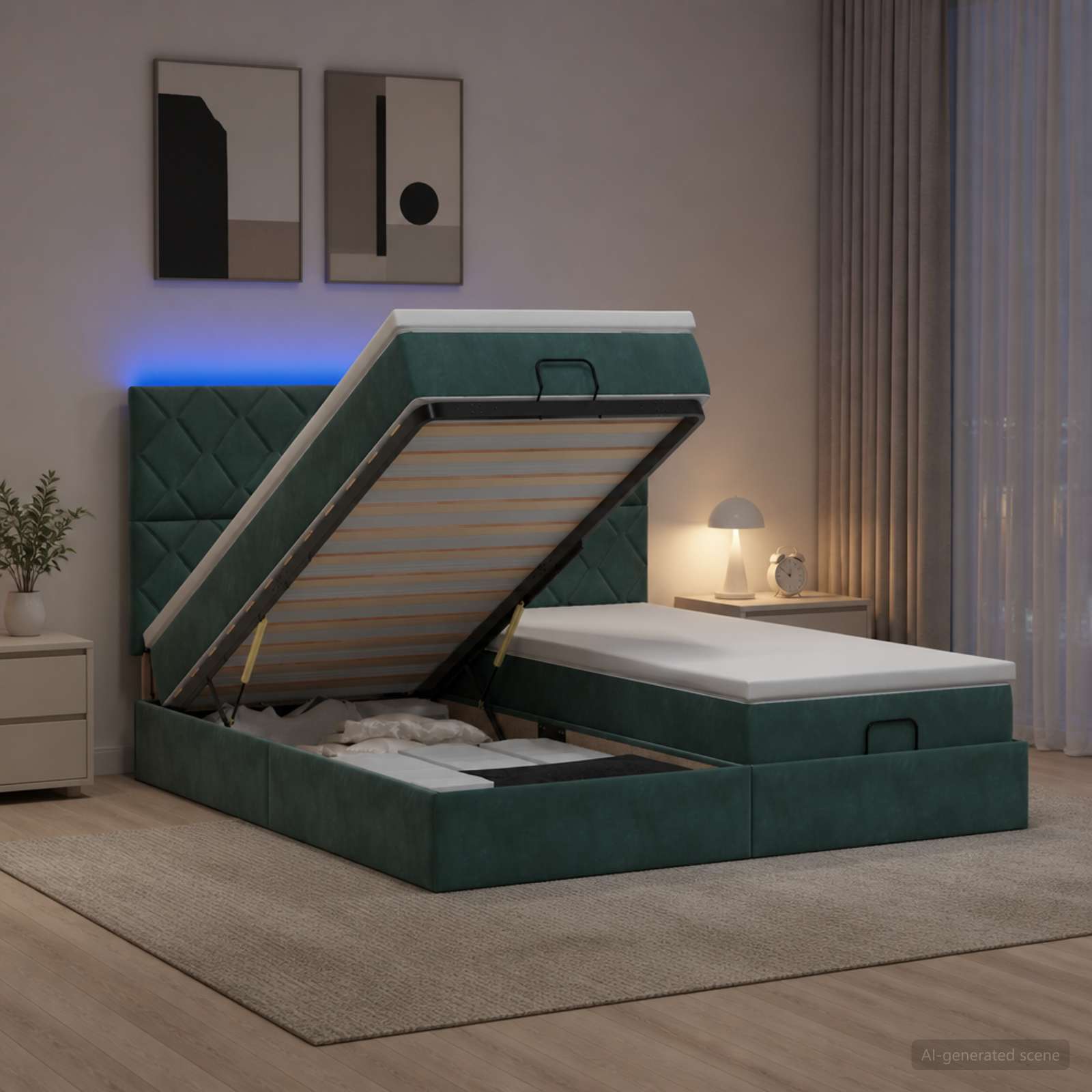 Κρεβάτι Ottoman με Στρώμα και LED Σκούρο Πράσινο 160 x 200 cm
