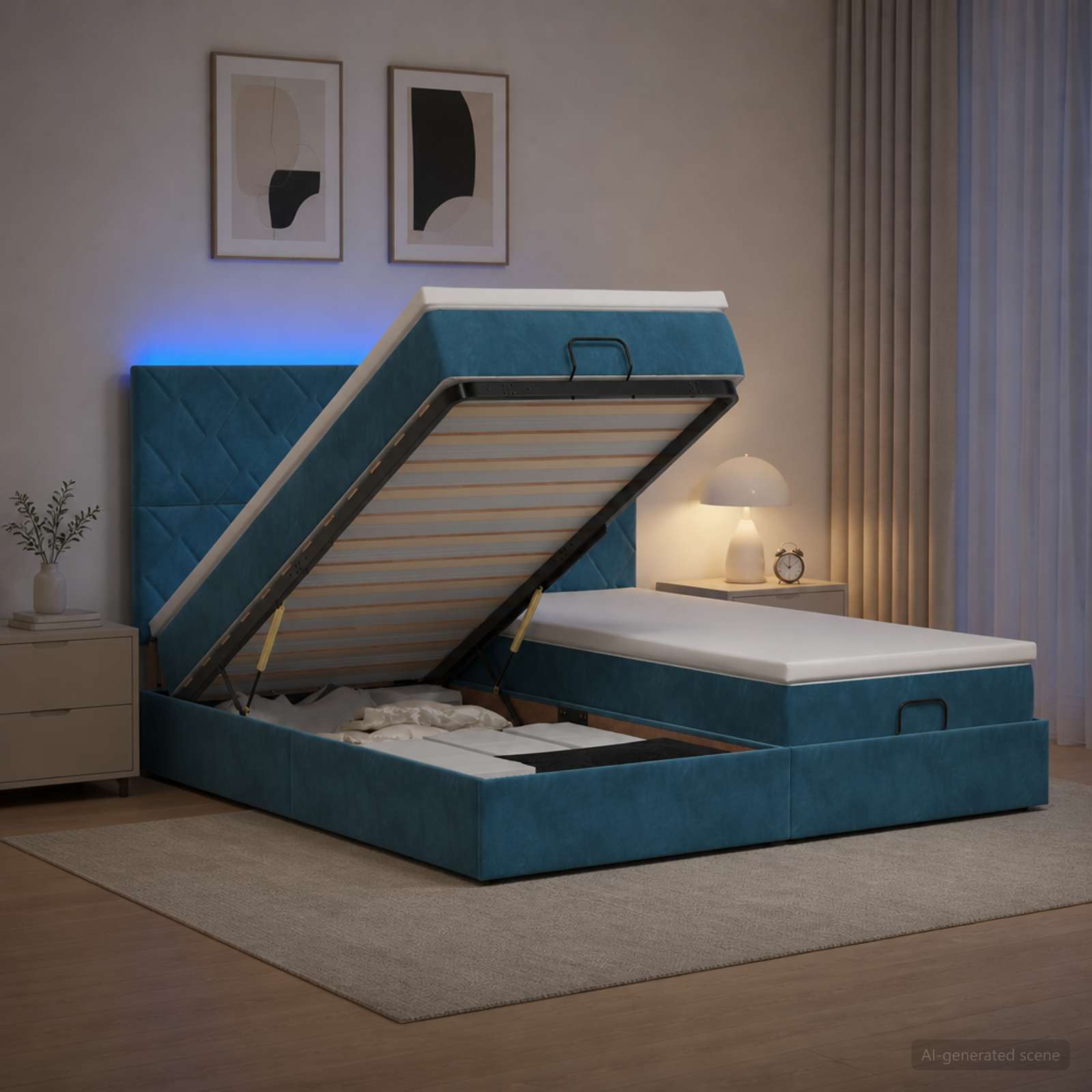 Κρεβάτι Ottoman με Στρώμα και LED Σκούρο Μπλε 160 x 200 cm