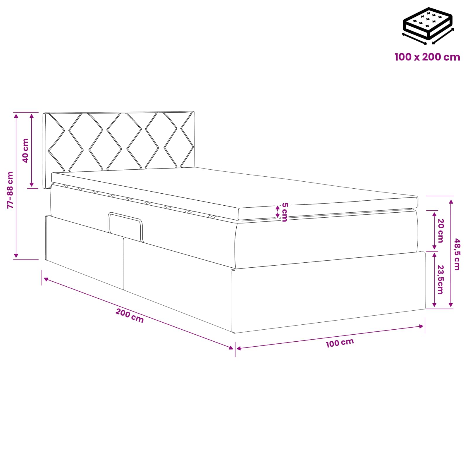Κρεβάτι με αποθηκευτικό χώρο και στρώμα Κρεμ 100 x 200 cm - Pakobazaar