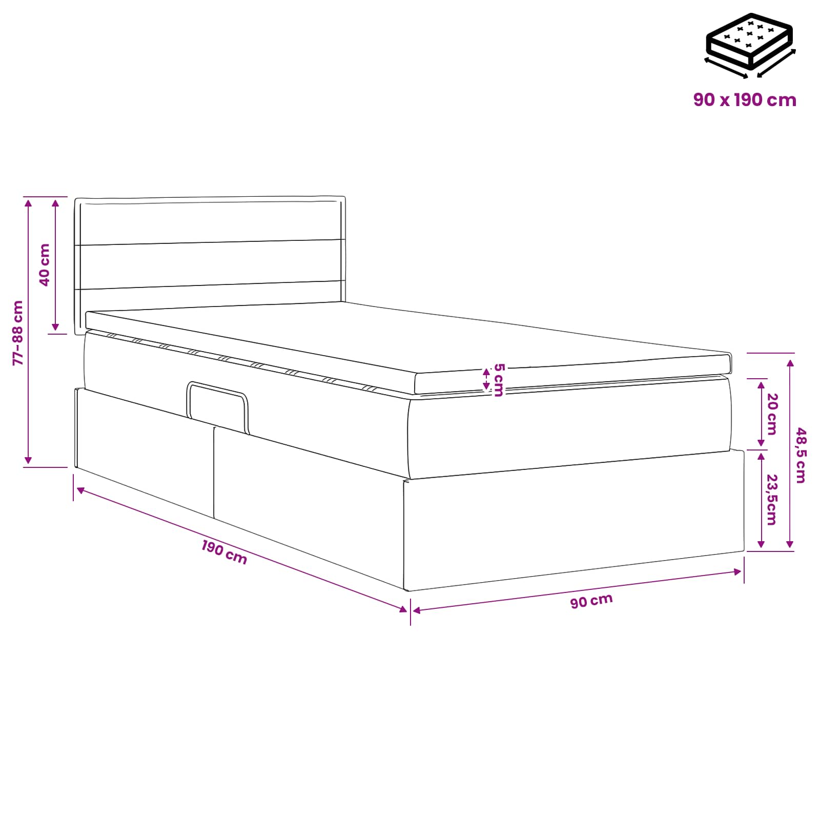 LED Κρεβάτι αποθήκευσης με στρώμα Taupe 90 x 190 cm Ύφασμα