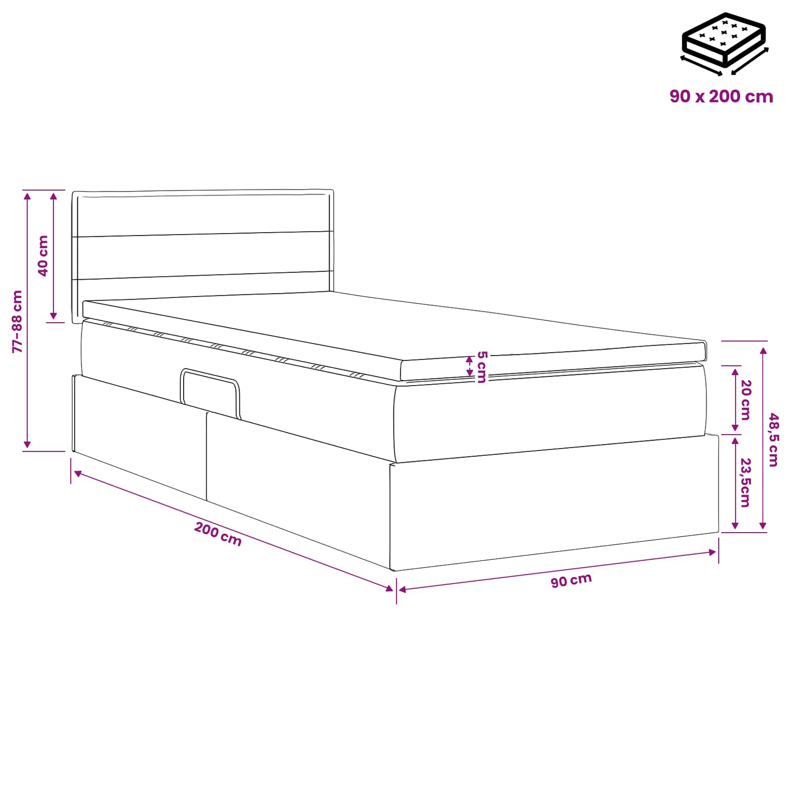 LED Κρεβάτι αποθήκευσης με στρώμα Μαύρο 90 x 200 cm Ύφασμα
