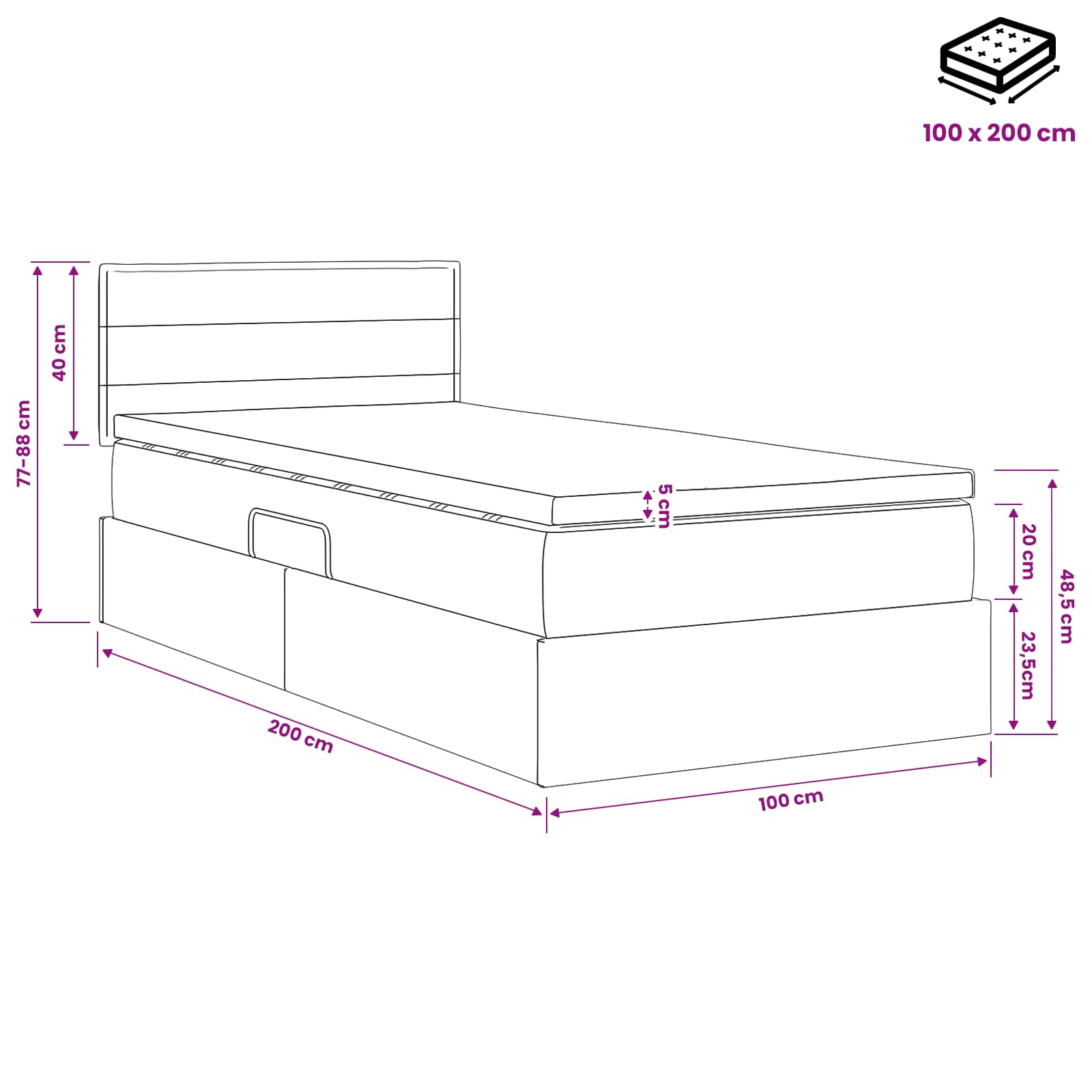 LED Κρεβάτι αποθήκευσης με στρώμα Μπλε 100 x 200 cm Ύφασμα - Pakobazaar